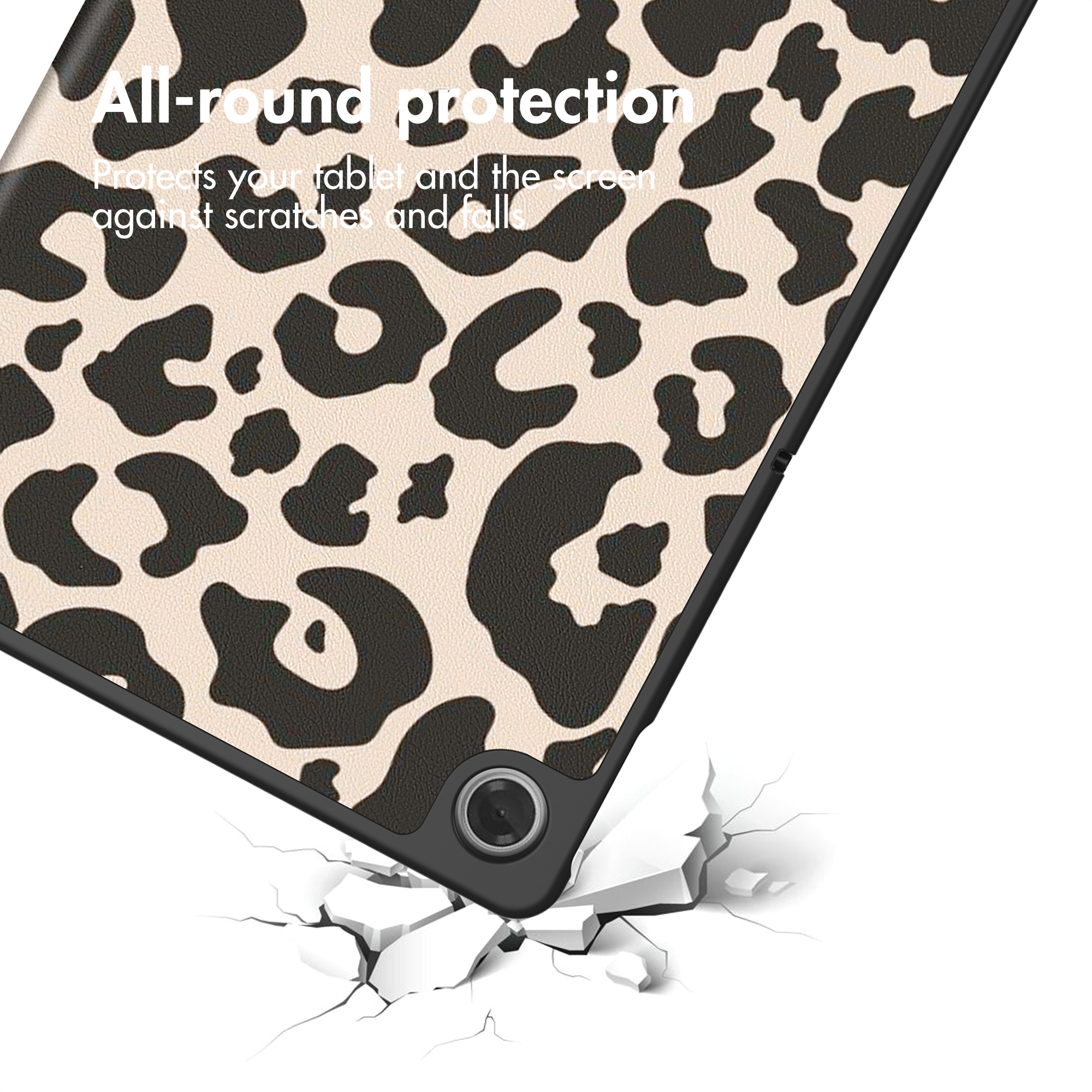 A tablet case with a leopard print pattern, offering protection from scratches and falls.