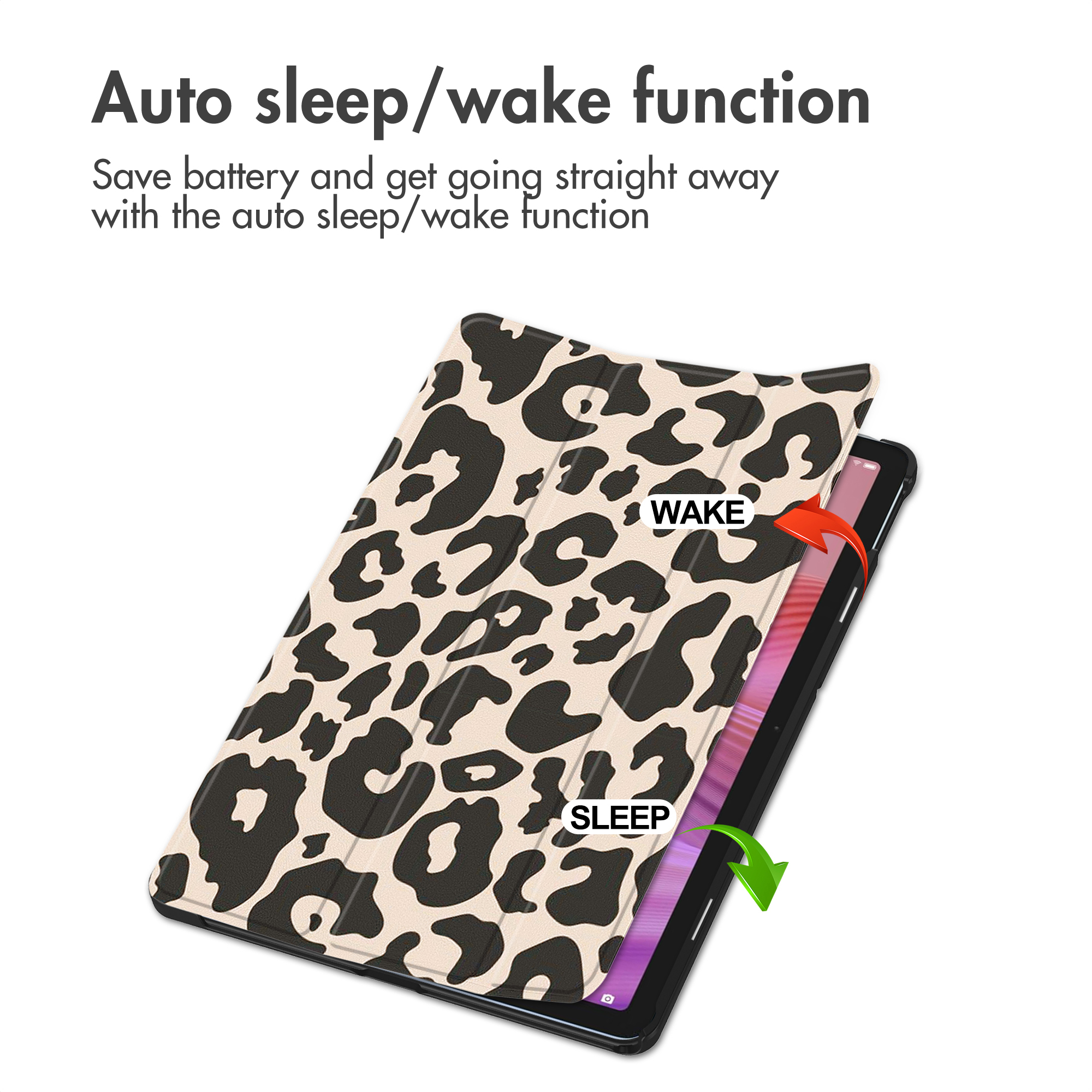 A tablet with a leopard print case, demonstrating sleep/wake function.