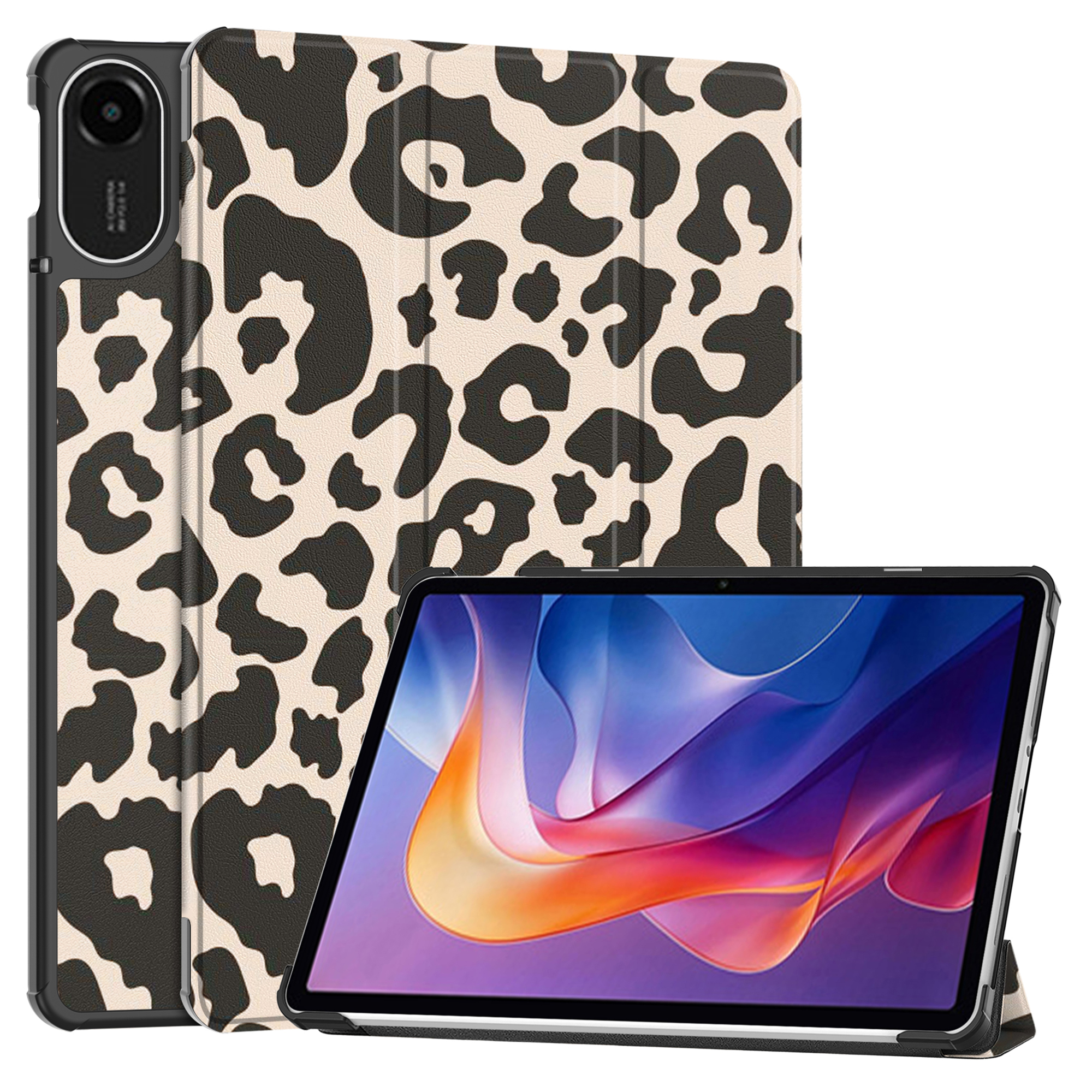 A tablet with a leopard print case, standing upright.