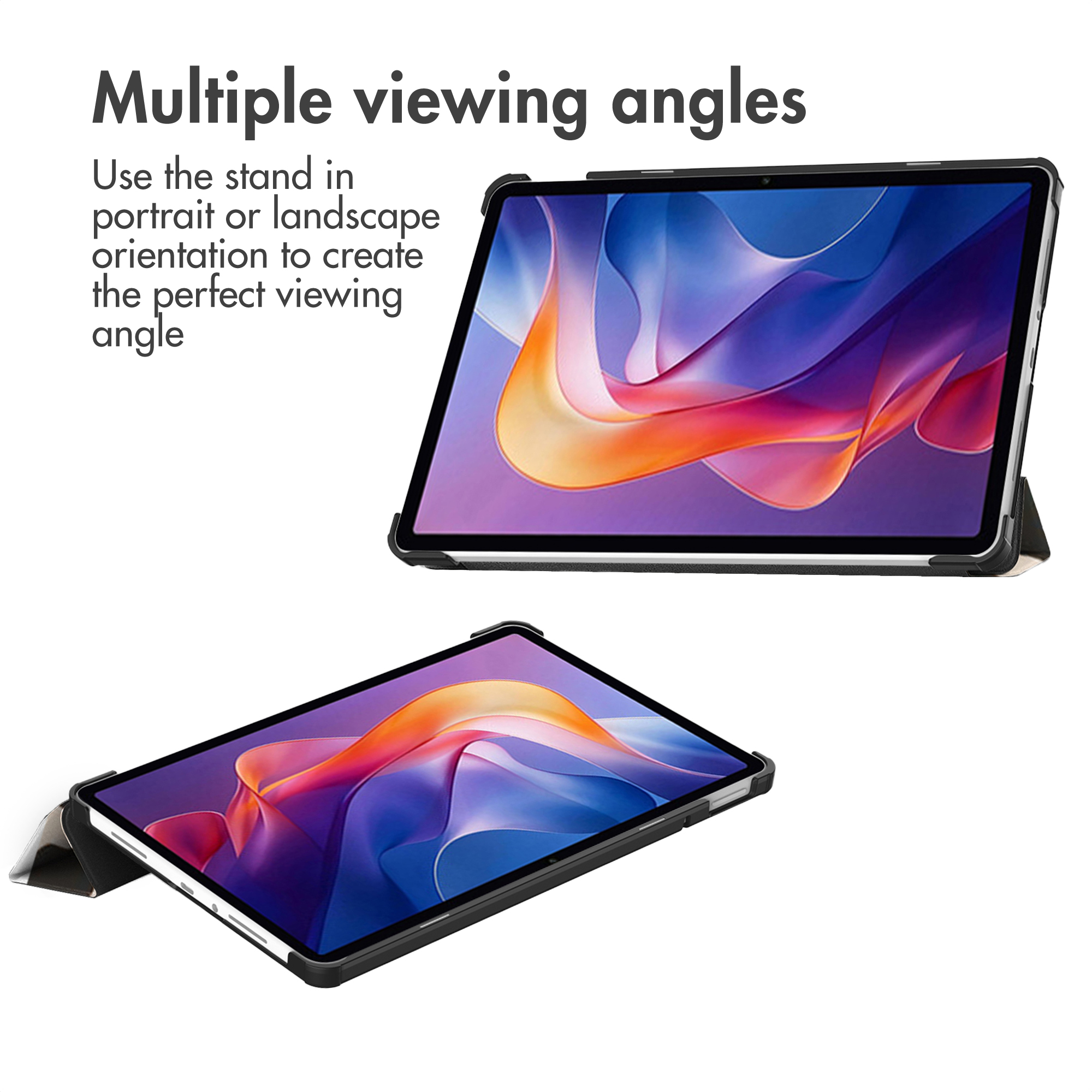 A tablet in portrait and landscape modes with a stand and abstract wallpaper.
