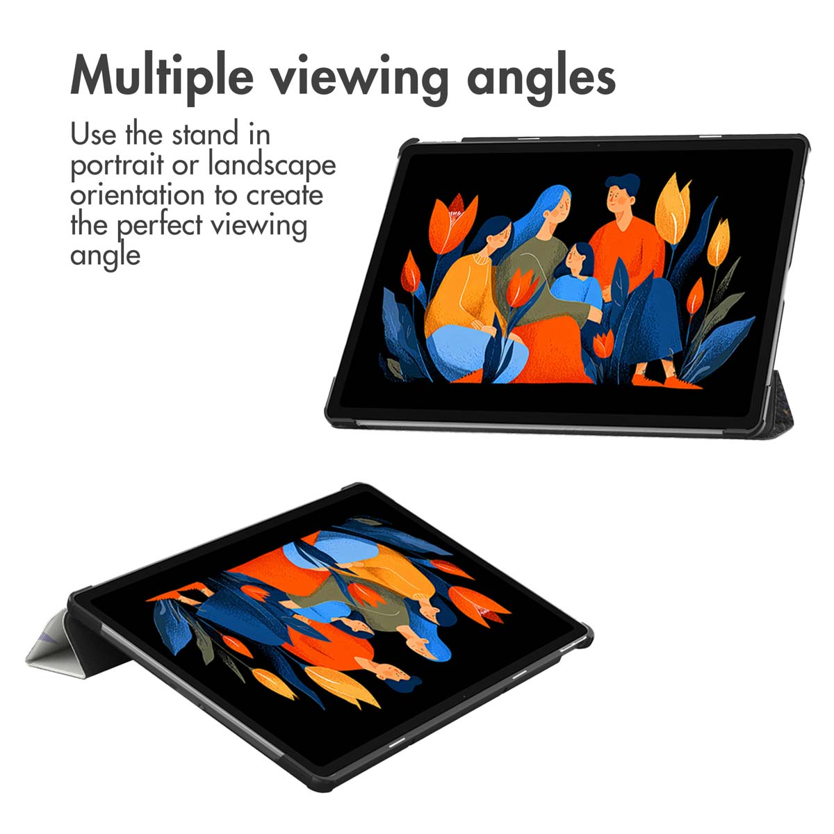 Two tablets show a family in an abstract landscape in different orientations.