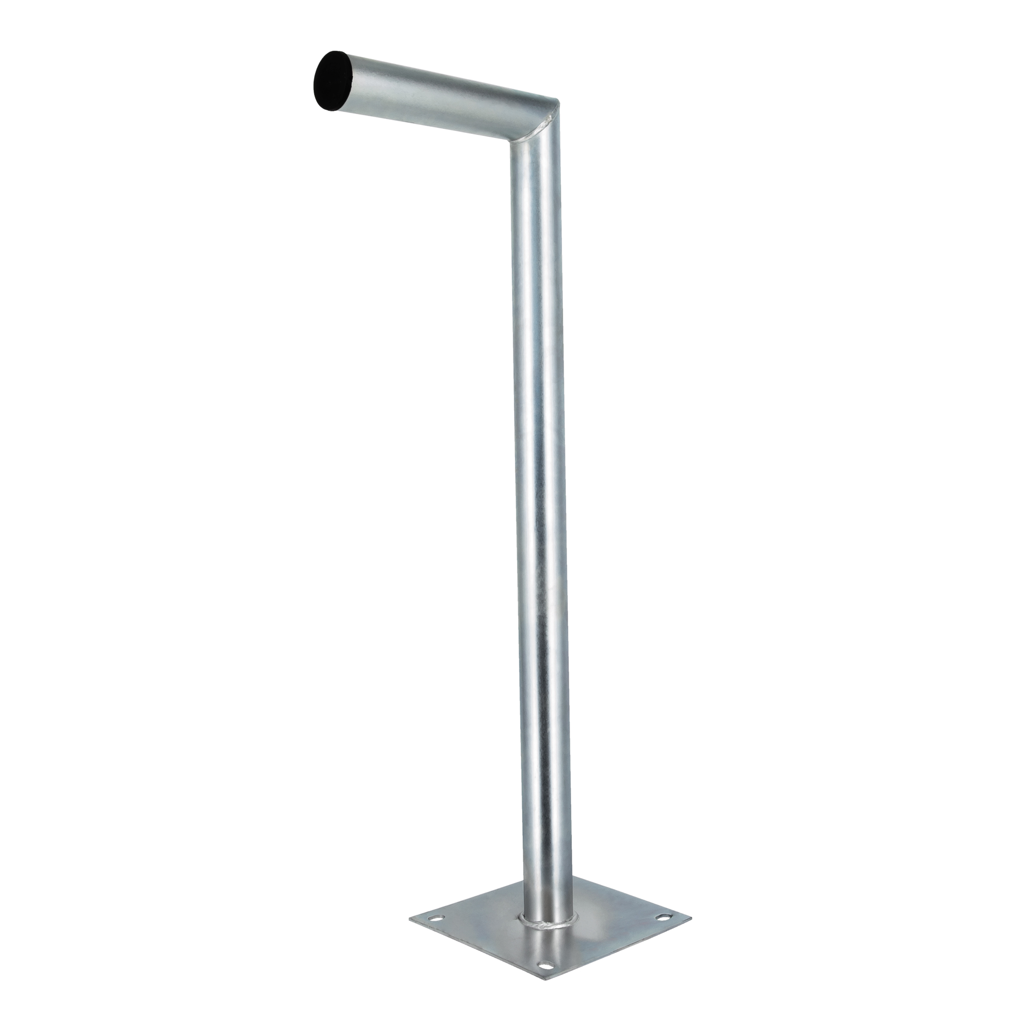 Ein silberner Metallmast mit L-förmigem Oberteil auf einer quadratischen Grundplatte.