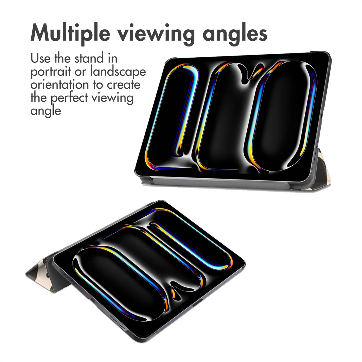 Tablet in a stand in two views, with colorful edges on the screen.
