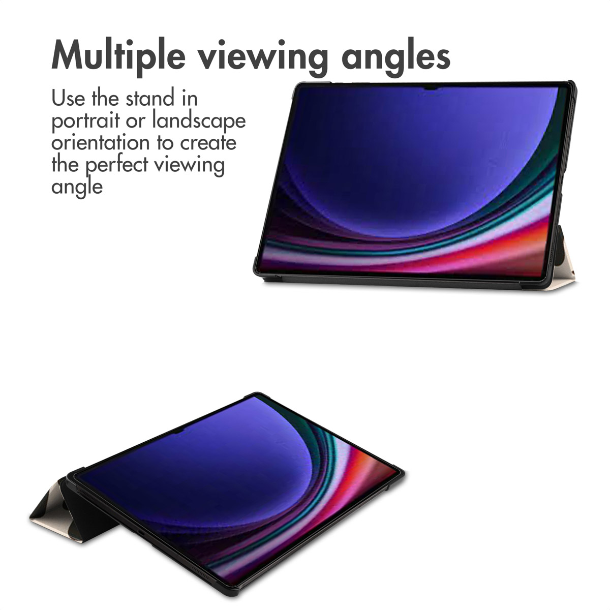 A tablet in two views, landscape and portrait, with a stand.