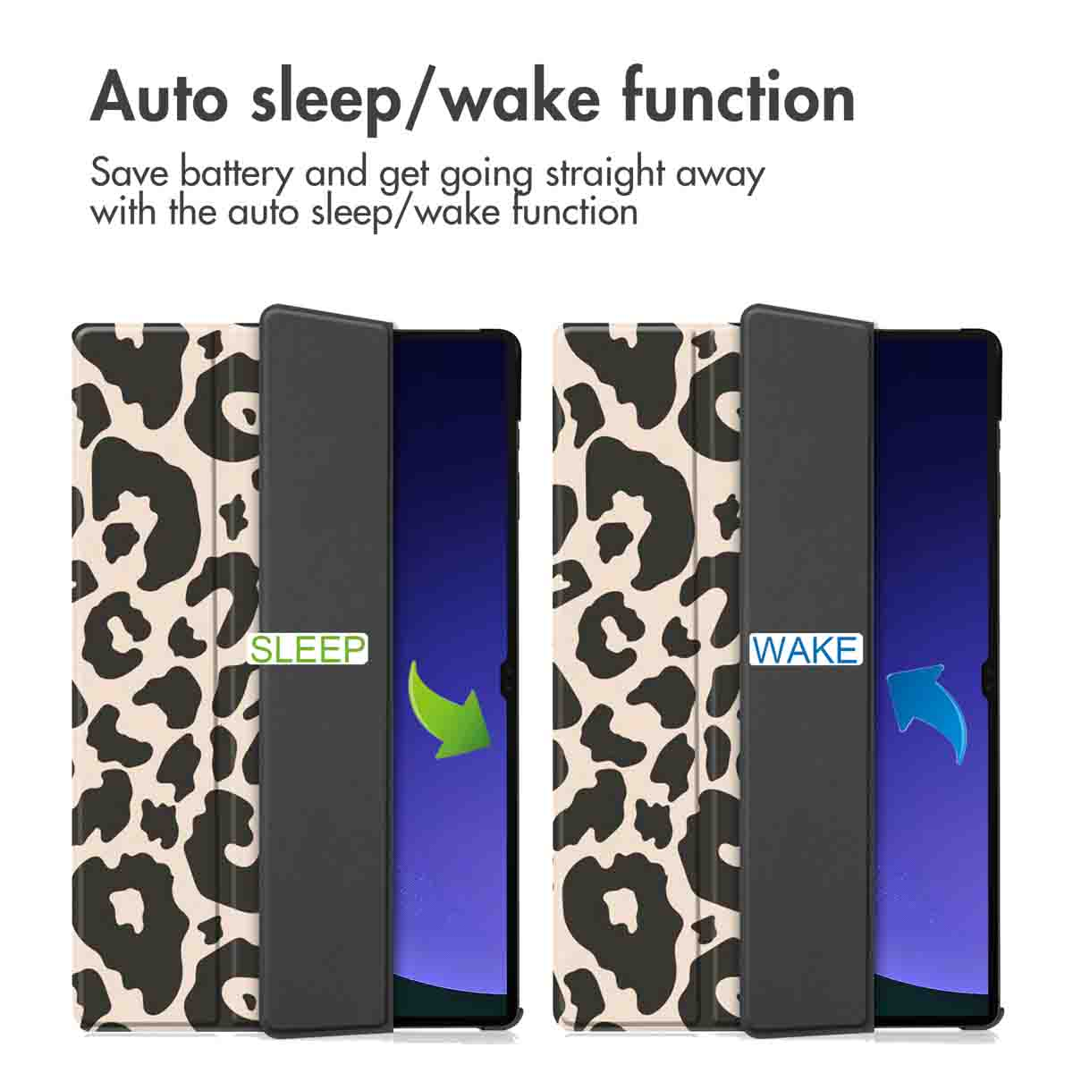 Leopard print tablet cases in sleep and wake modes with arrows.