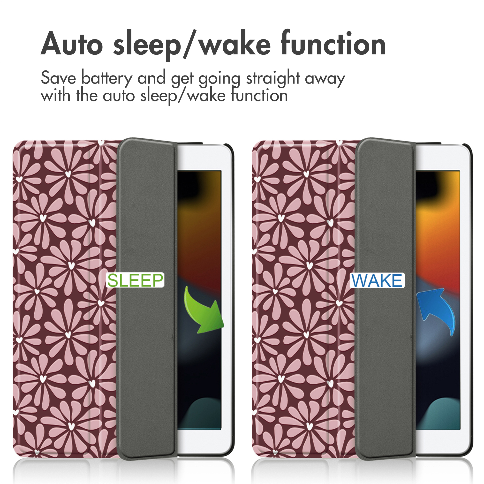 Custodia per tablet con motivo floreale in modalità sleep e wake.