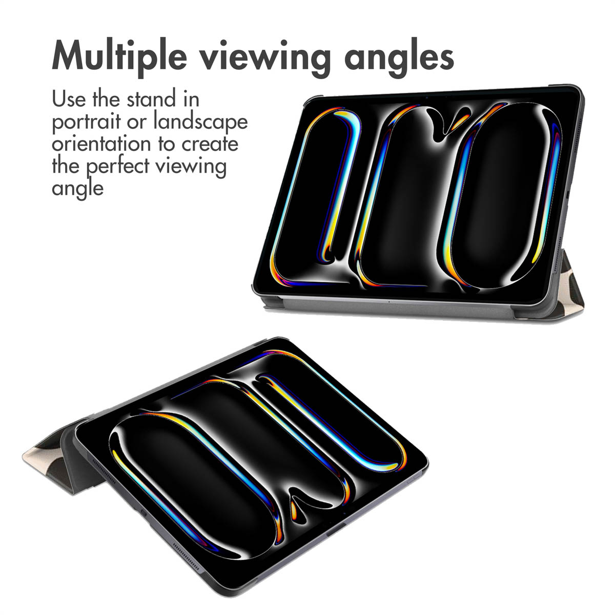 Two tablets with stands showing different viewing angles.