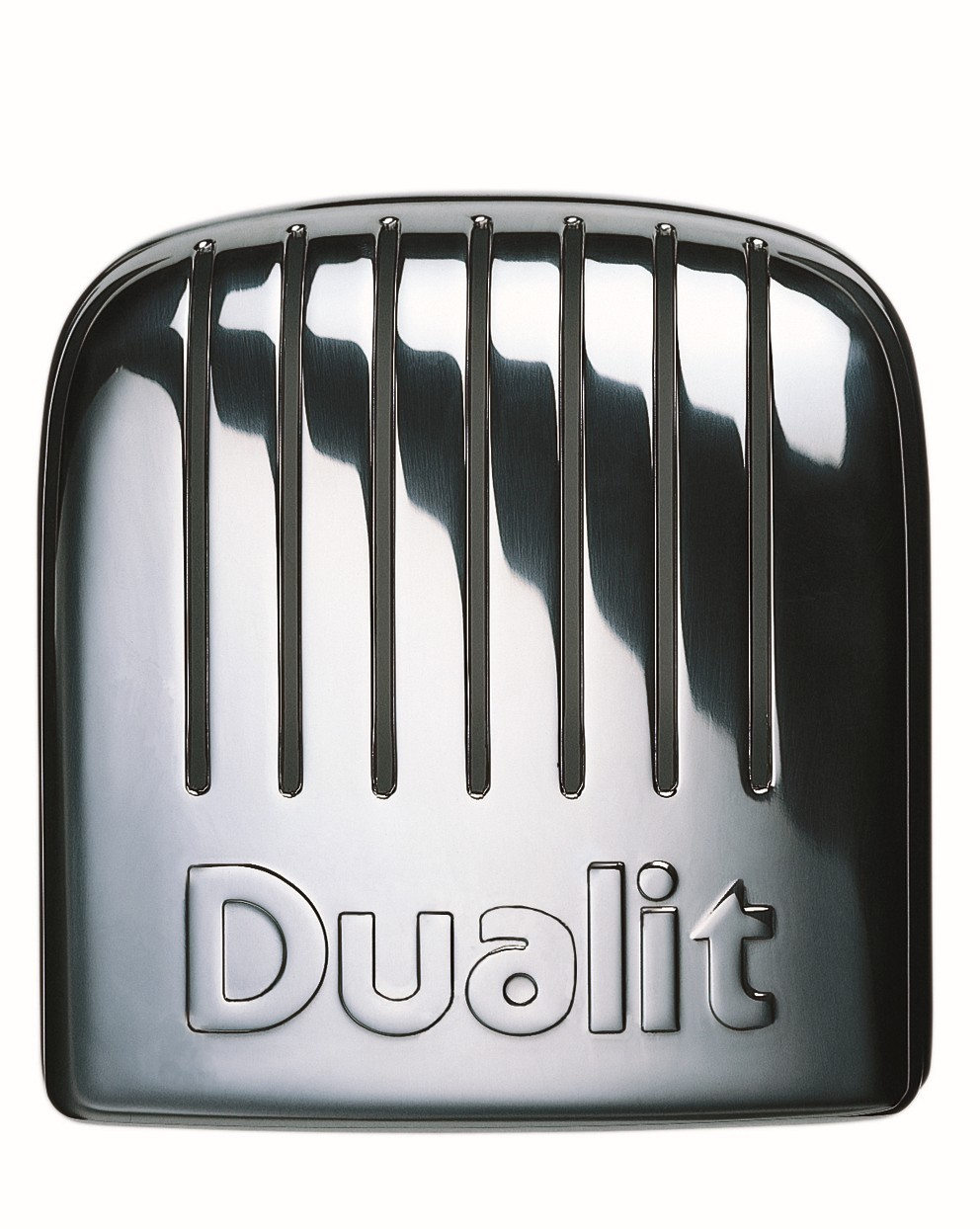 Parte superiore cromata per tostapane con fessure e nome "Dualit" in rilievo.