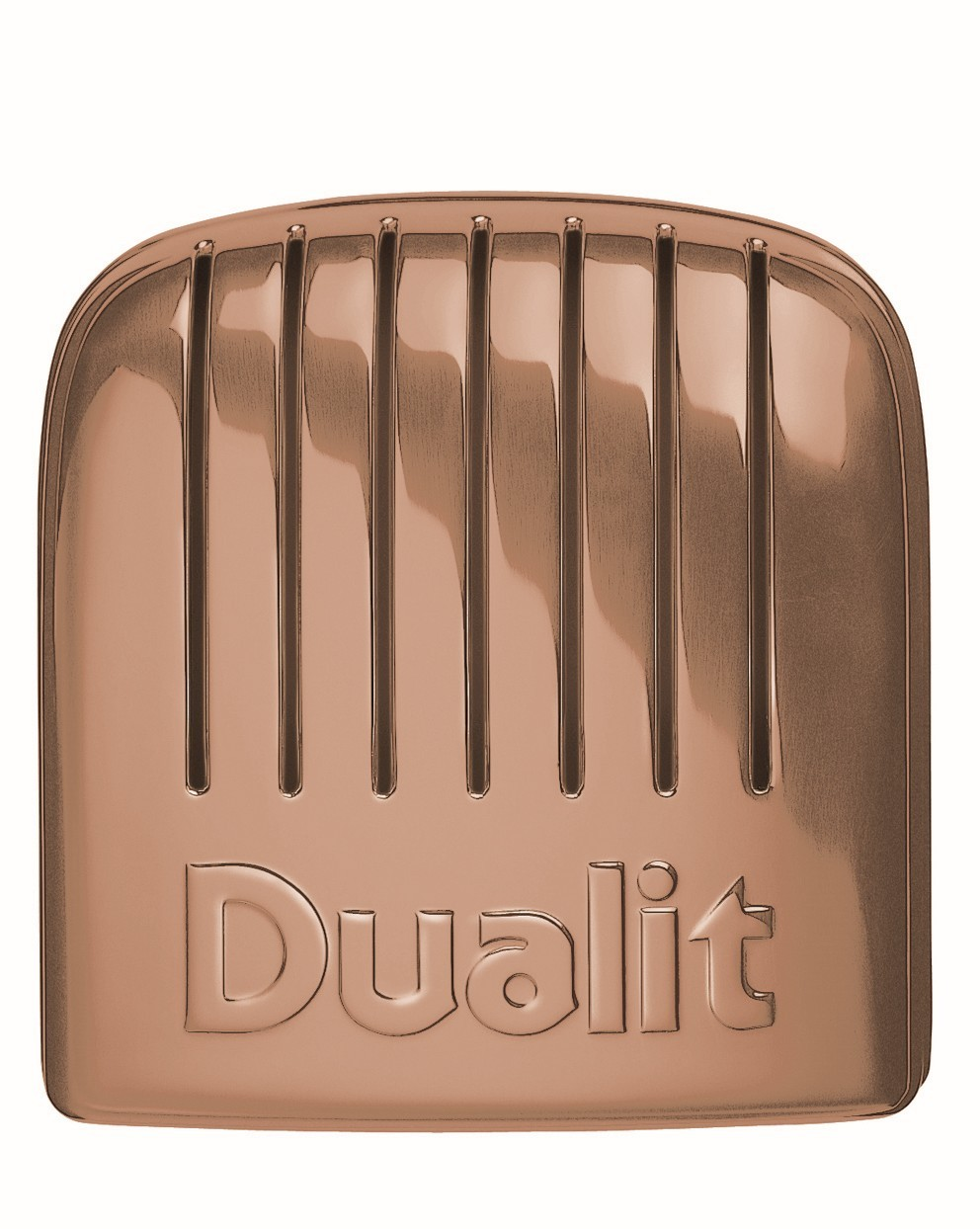 Kupferfarbener Toaster mit vertikalen Schlitzen und eingeprägtem Dualit-Logo.