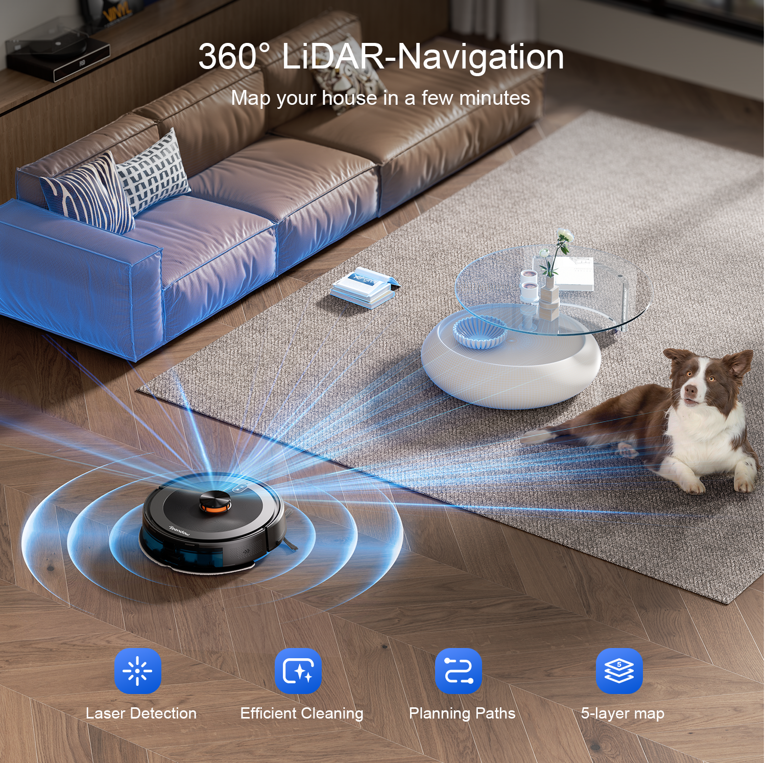 Ein Saugroboter mit LiDAR-Navigation reinigt einen Wohnzimmerboden neben einem Hund.