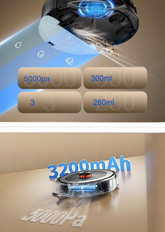 Ein Saugroboter saugt Staub. Spezifikationen: 5000pa, 300ml, 3, 260ml.