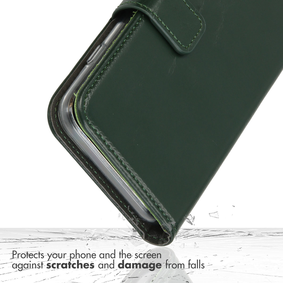 Étui de téléphone vert foncé protégeant un écran des dommages.