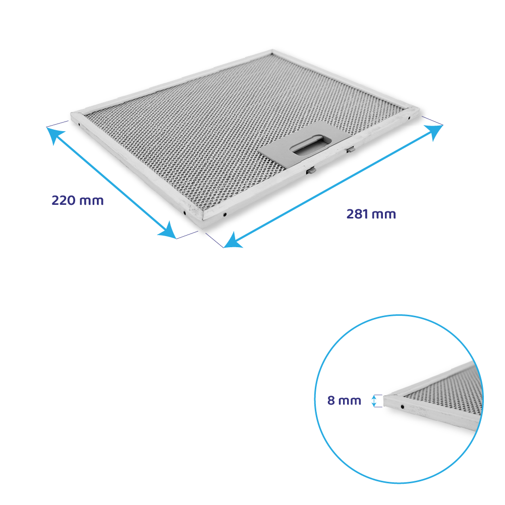 Un filtro metallico argentato con manico. Dimensioni: 220 mm x 281 mm x 8 mm.