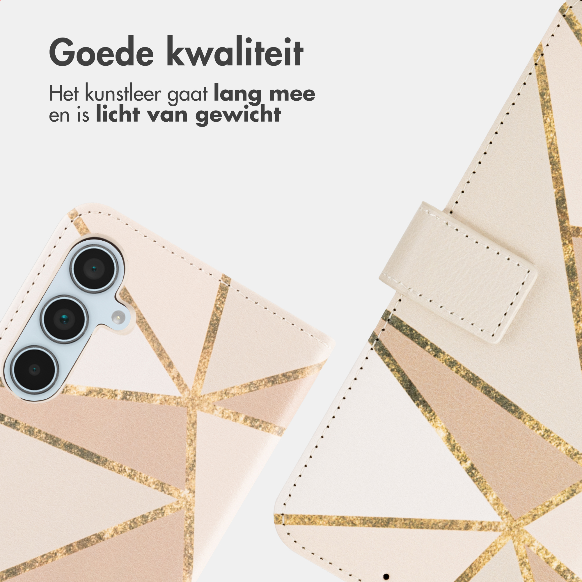Una custodia per telefono con motivo geometrico beige e oro.