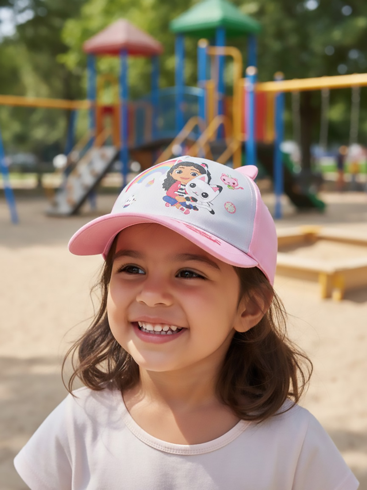 Ein junges Mädchen mit einem pinken Cap mit Comic-Motiv lächelt im Freien.