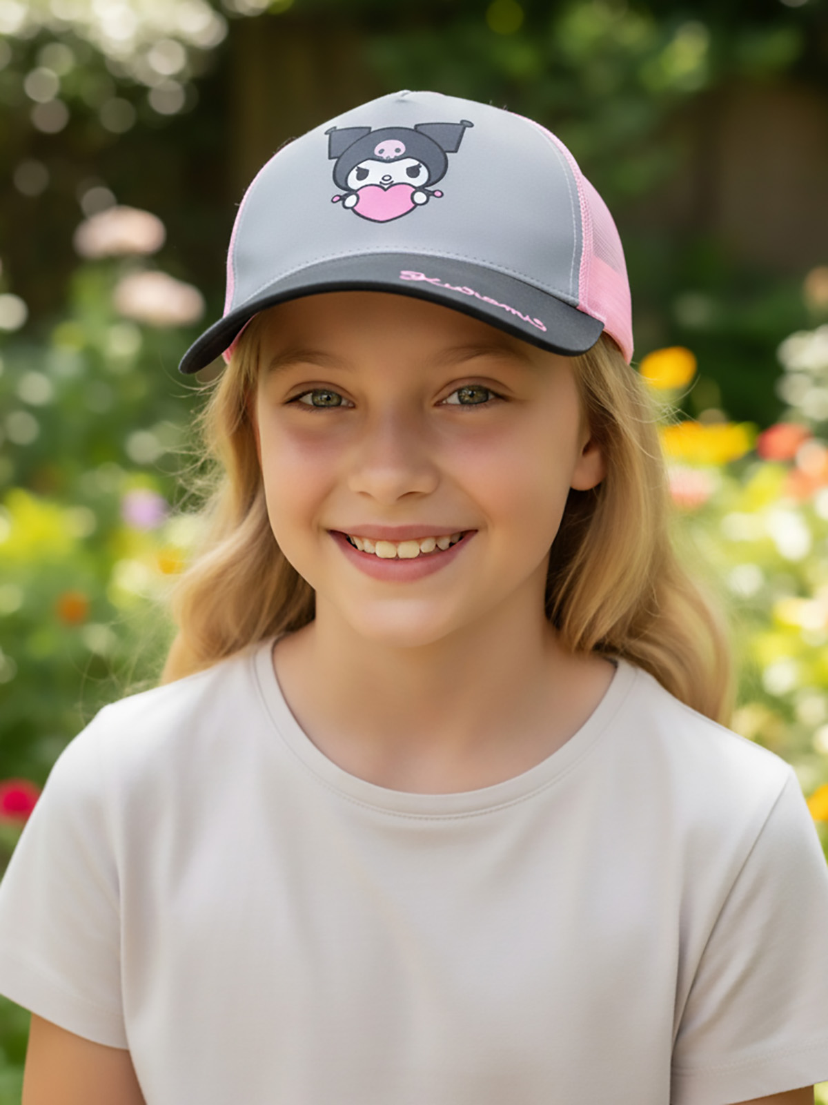 Ein junges Mädchen mit einem Kuromi-Cap und einem beigefarbenen T-Shirt im Freien.