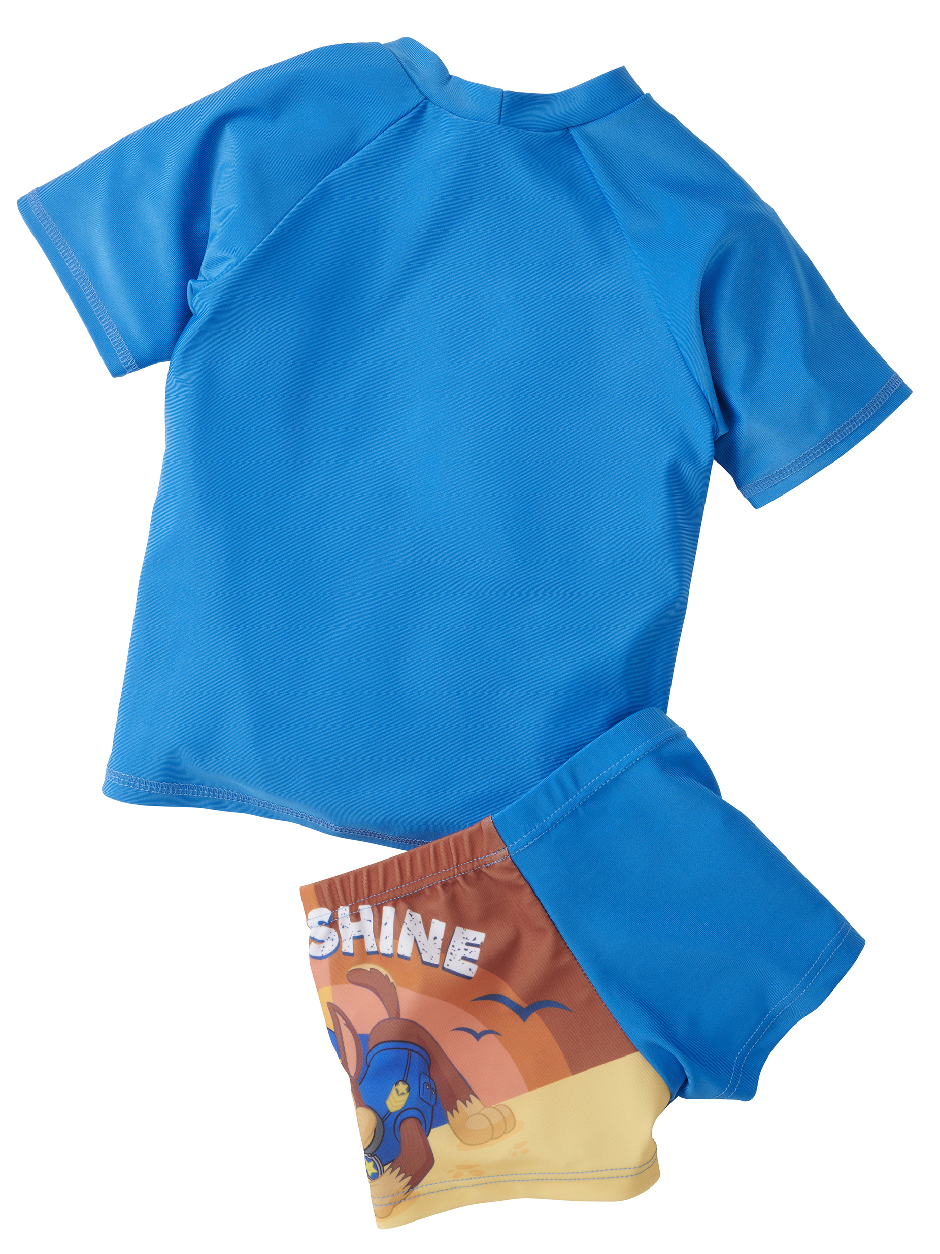 Ein blauer UV-Schutz-Badeanzug mit Hundemotiv auf der Hose.