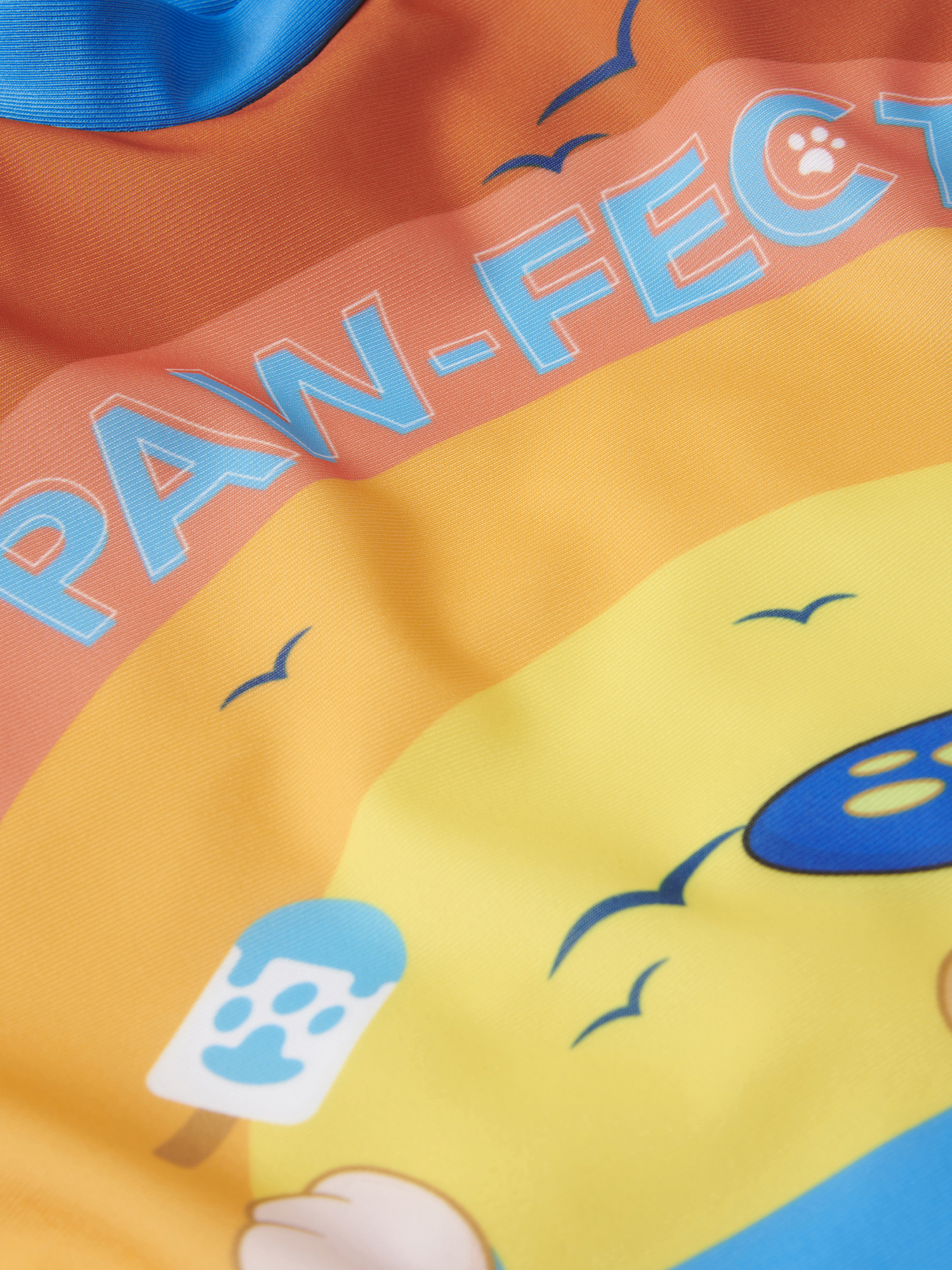 Badeanzug mit "PAN-FECT" Schriftzug, Eis und Seevögeln auf Farbverlauf.