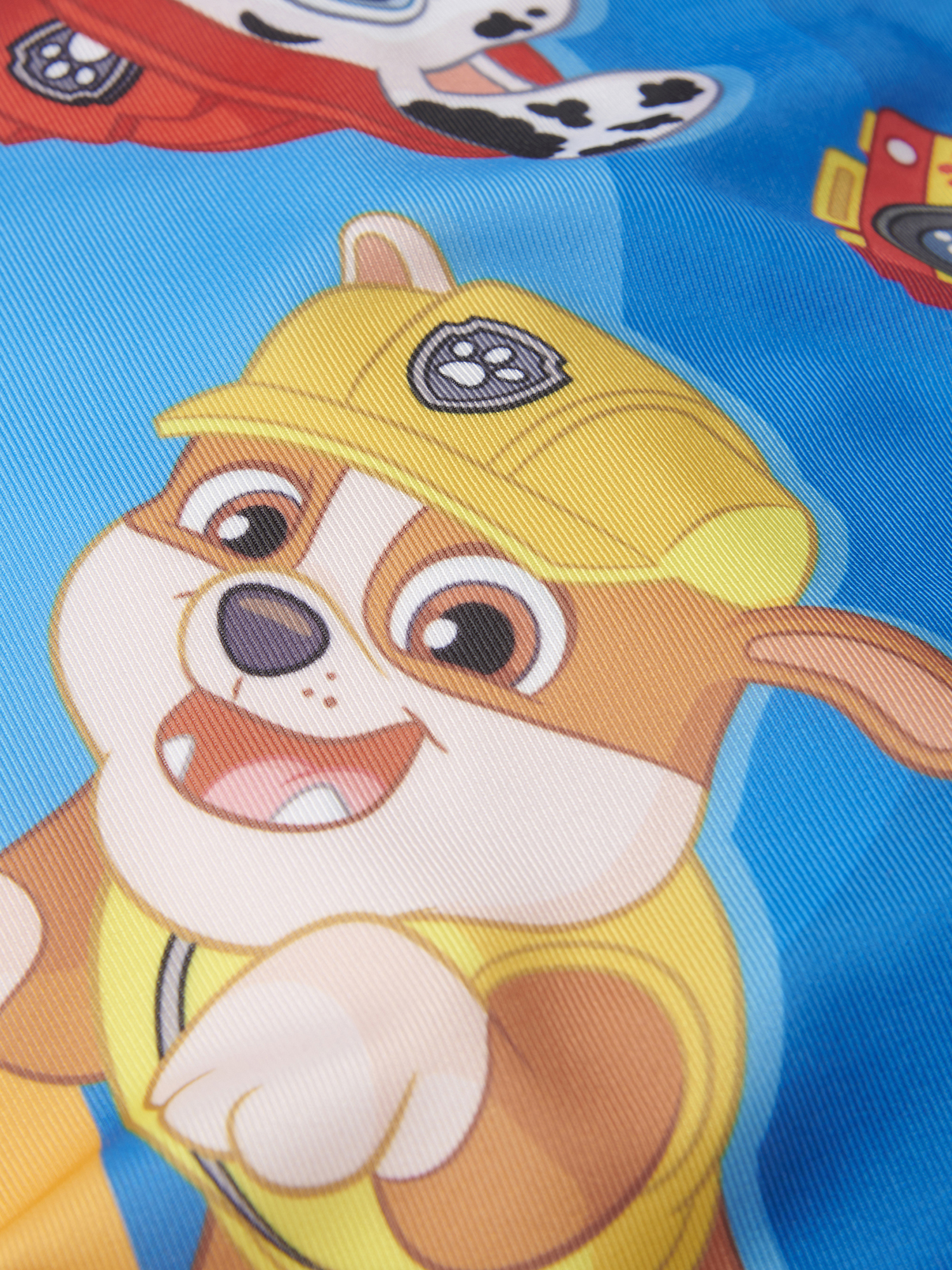 Ein Cartoon-Hund mit gelber Mütze und gelber Weste auf blauem Hintergrund.