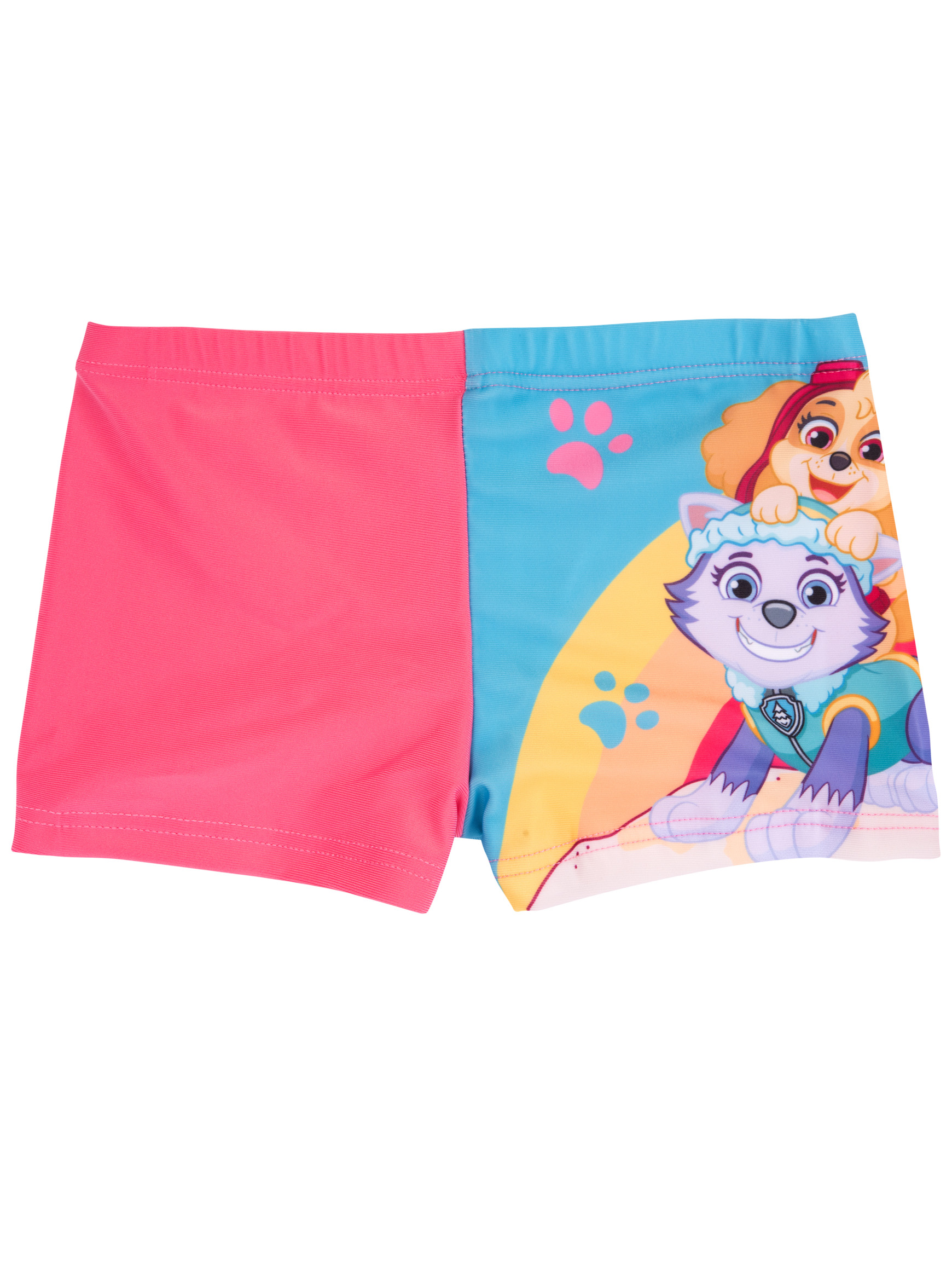Badehose mit rosa Seite und Paw Patrol Figuren auf blauem Hintergrund.