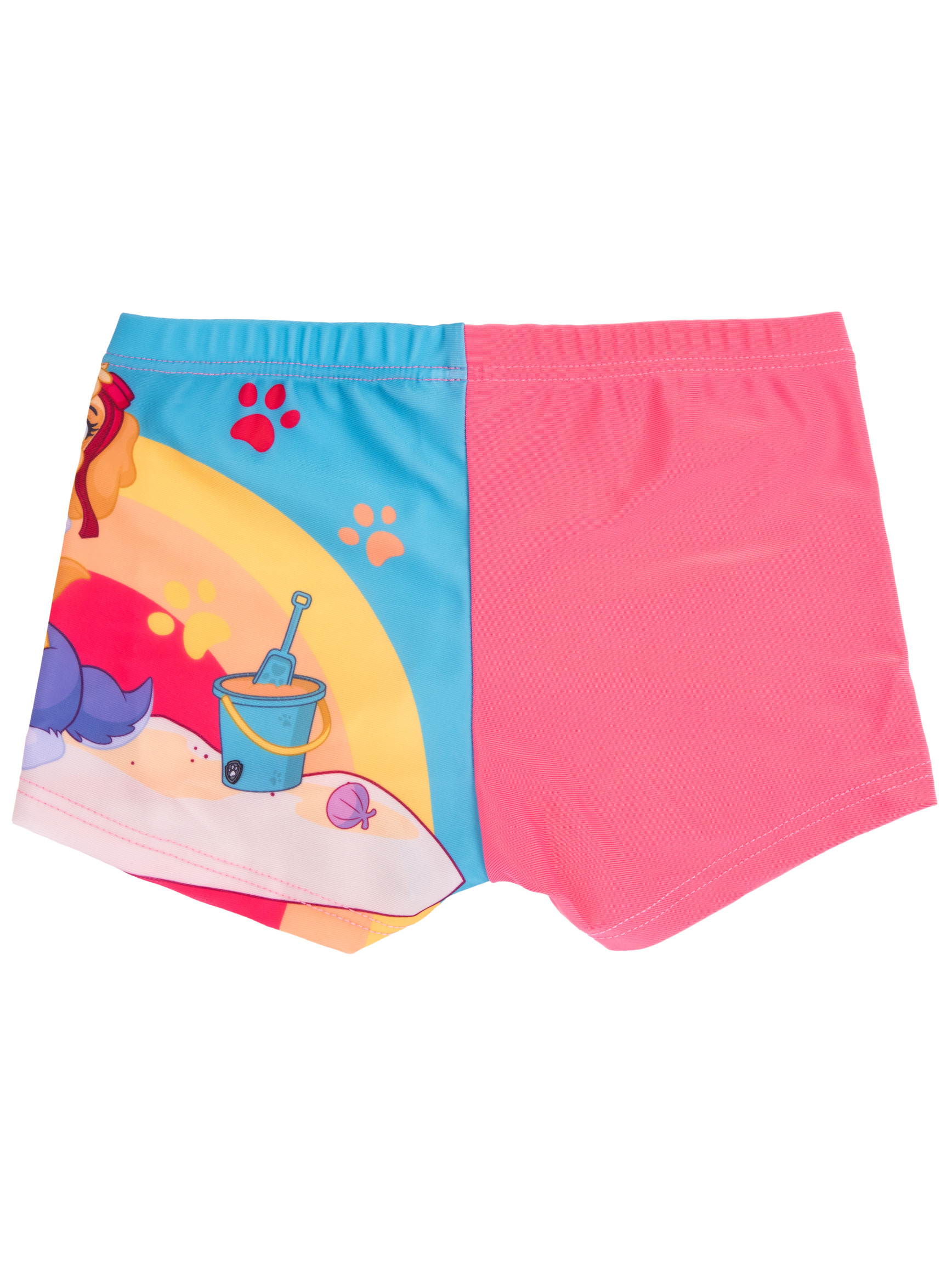 Badeanzug mit Paw Patrol Motiv, links blau mit Figuren, rechts pink.