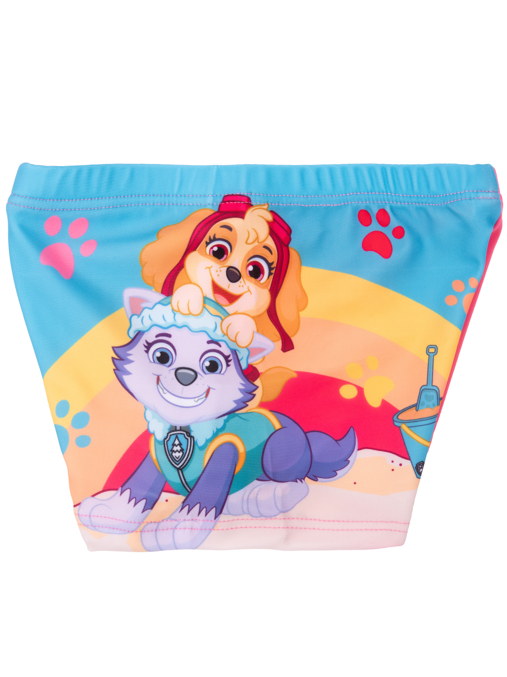 Badeanzug mit Paw Patrol Charakteren Skye und Everest auf buntem Hintergrund.