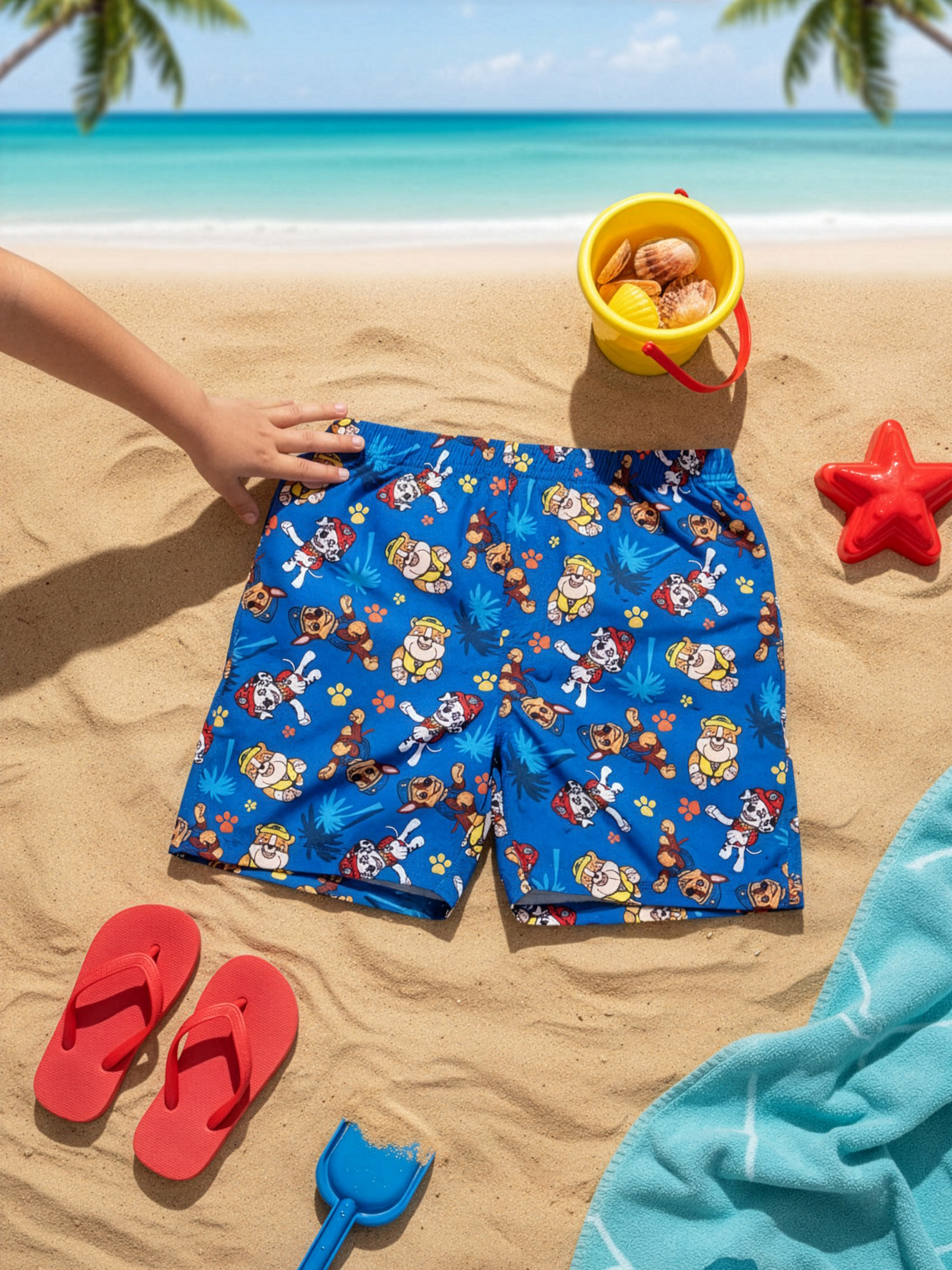 Blaue Paw Patrol Badeshorts am Sandstrand mit roten Flip-Flops, gelbem Eimer und Handtuch.