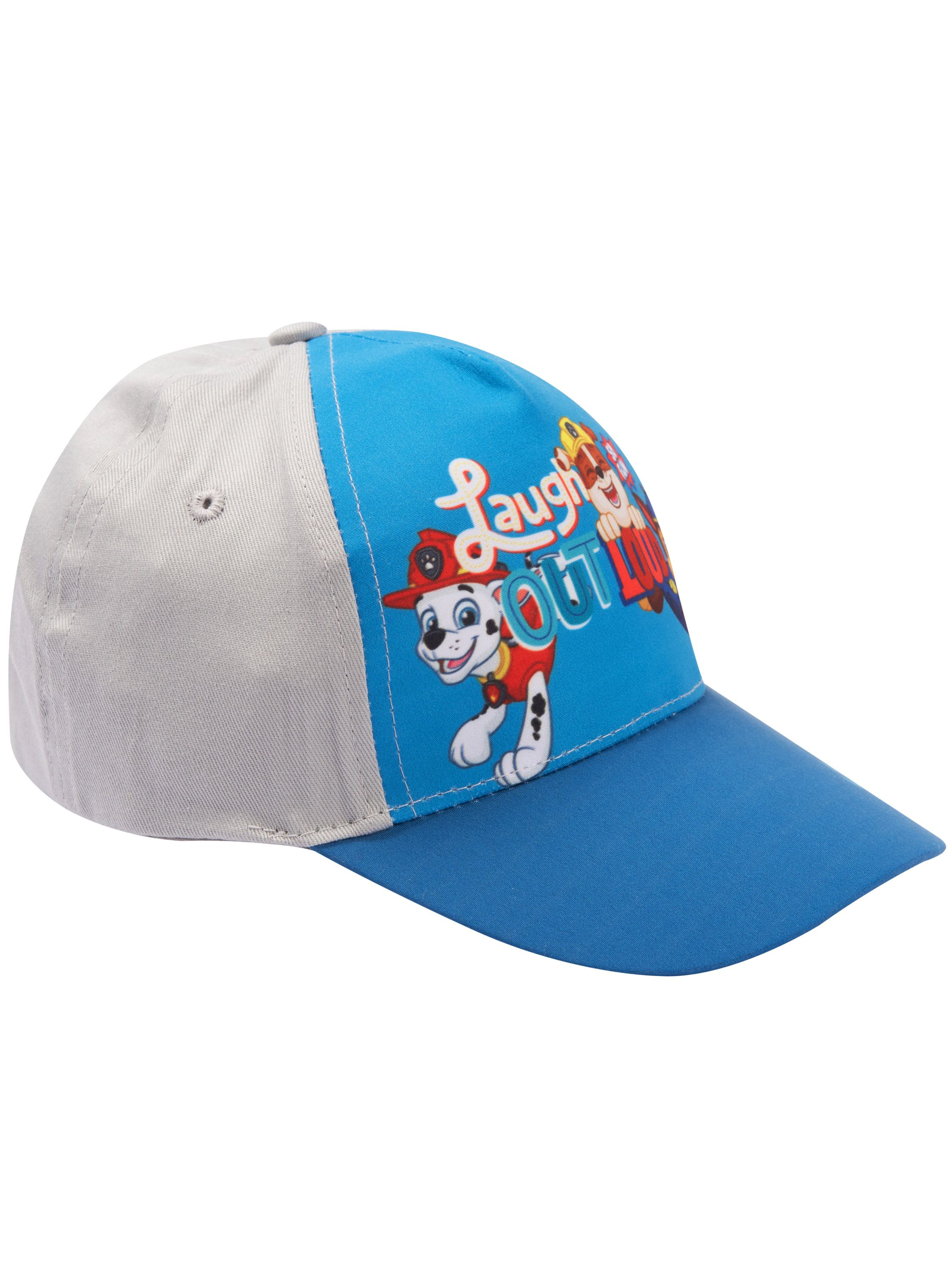 Eine blaue Kappe mit grauen Seiten und Paw Patrol-Aufdruck.