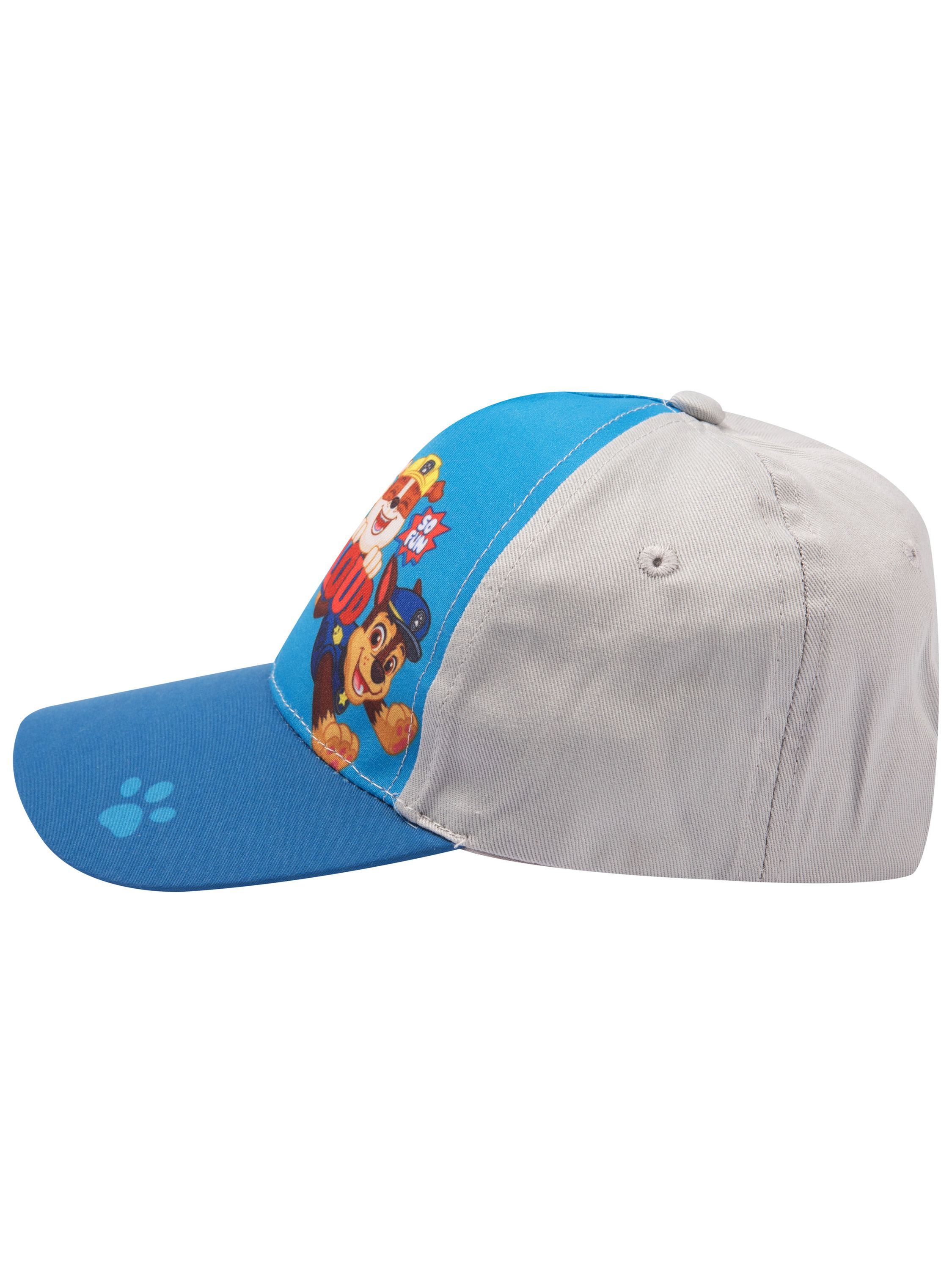 Graue Kappe mit blauem Schirm und Paw Patrol Aufdruck. Pfotenabdruck auf dem Schirm.