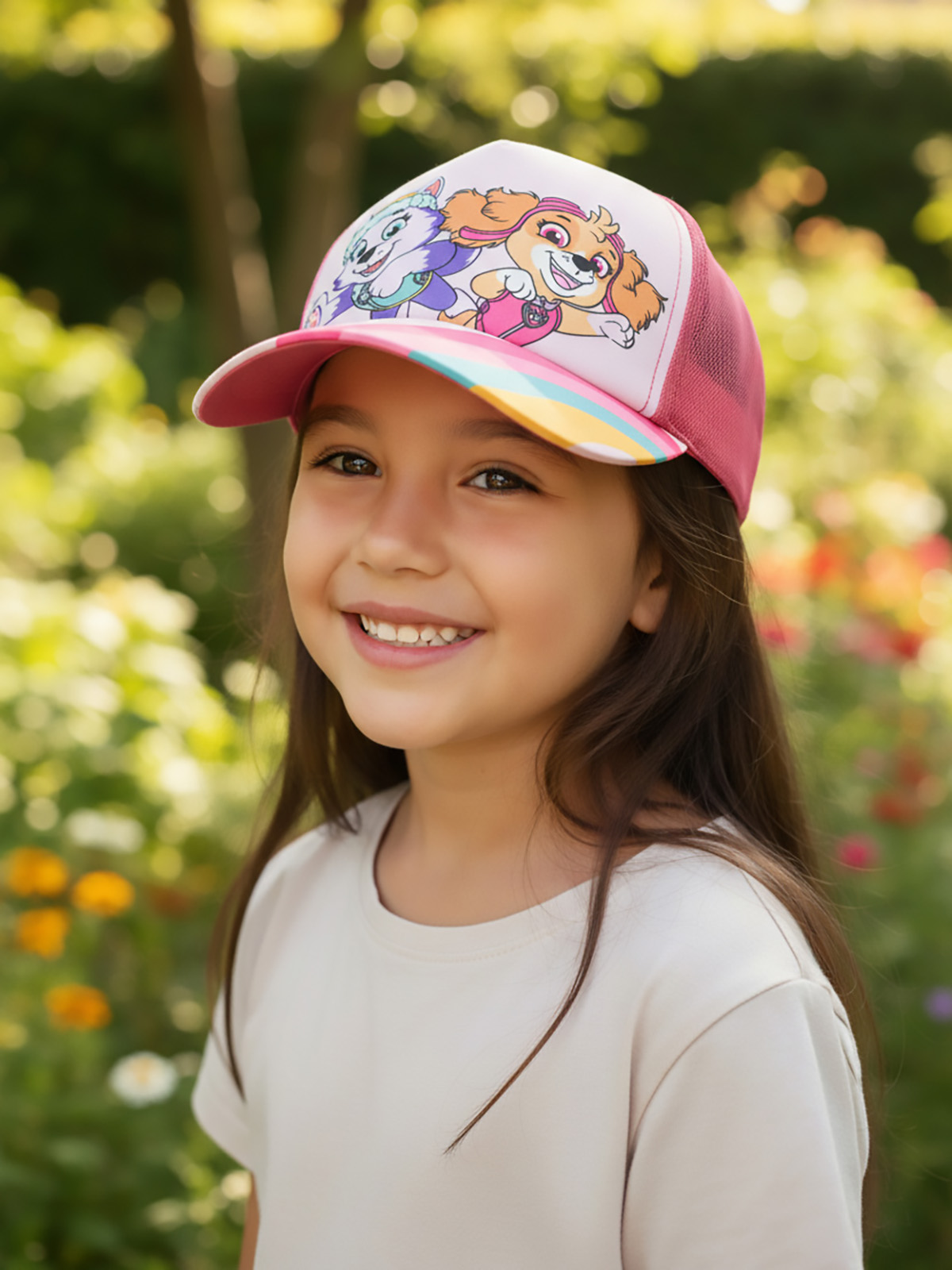Ein lächelndes Mädchen trägt eine Kappe mit Paw Patrol-Aufdruck im Freien.