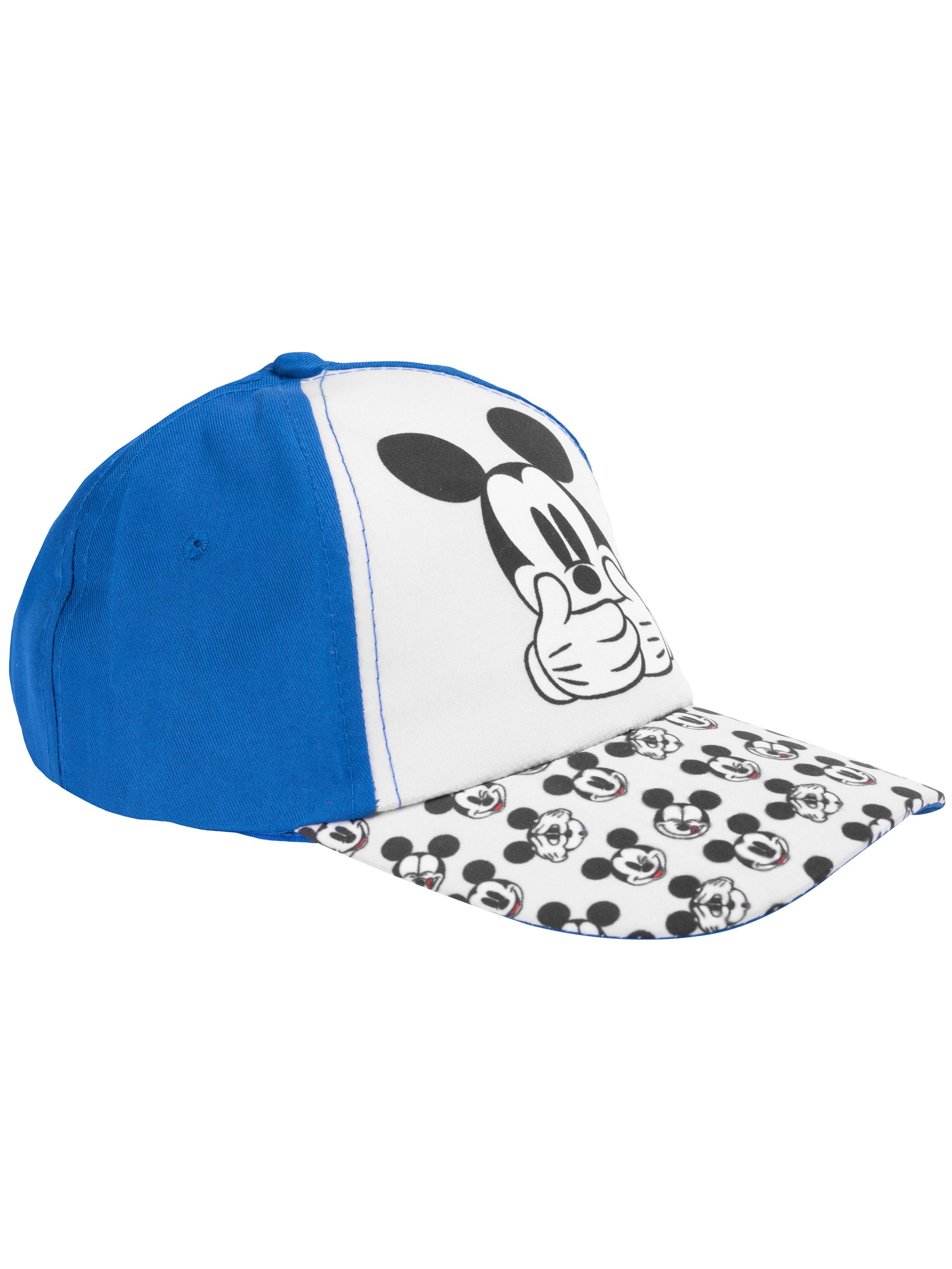 Blaue Kappe mit Mickey-Maus-Aufdruck auf weißem Vorderteil und Schirm.