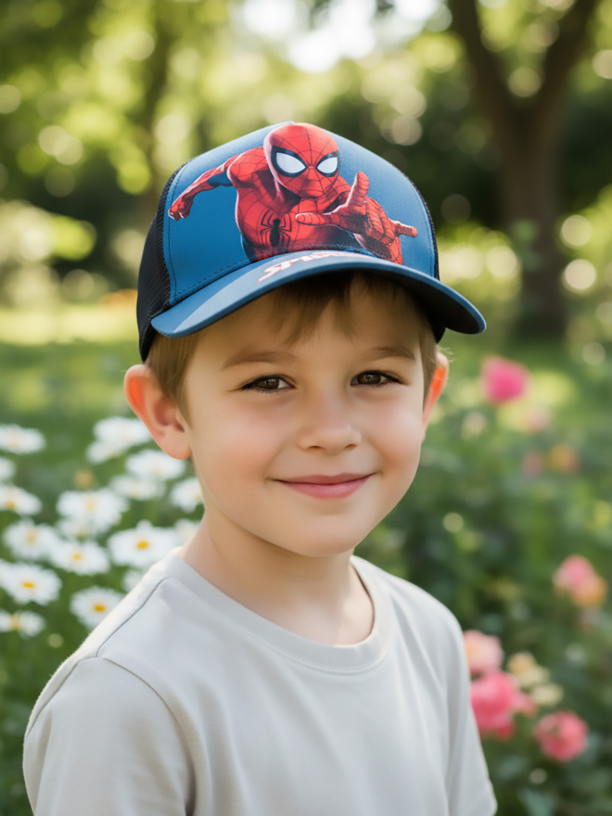 Ein Junge mit einer Spiderman-Kappe lächelt in einem Garten mit Blumen.