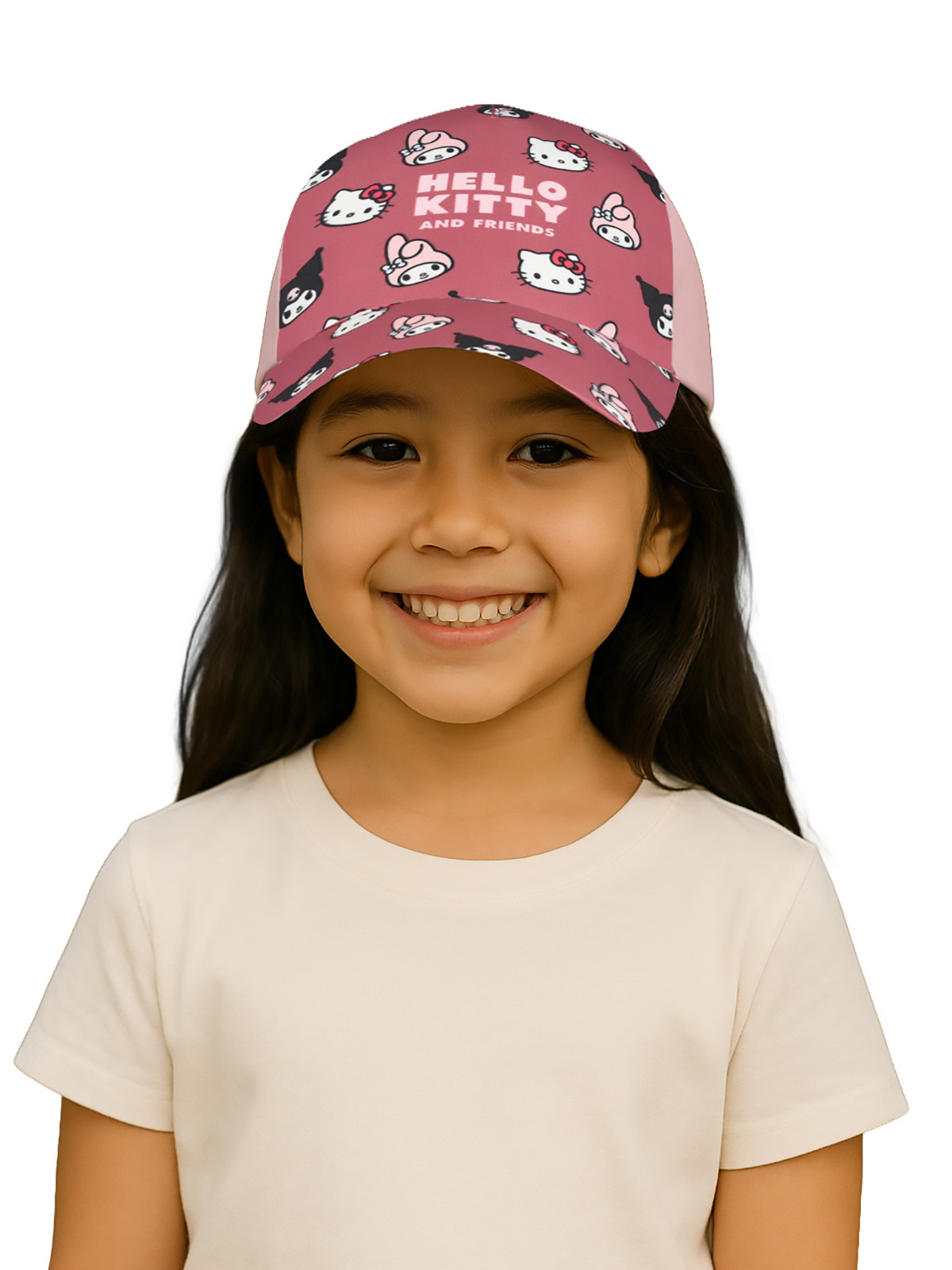 Ein Mädchen trägt ein pinkes Hello Kitty Kappen mit weißen und schwarzen Bildern.