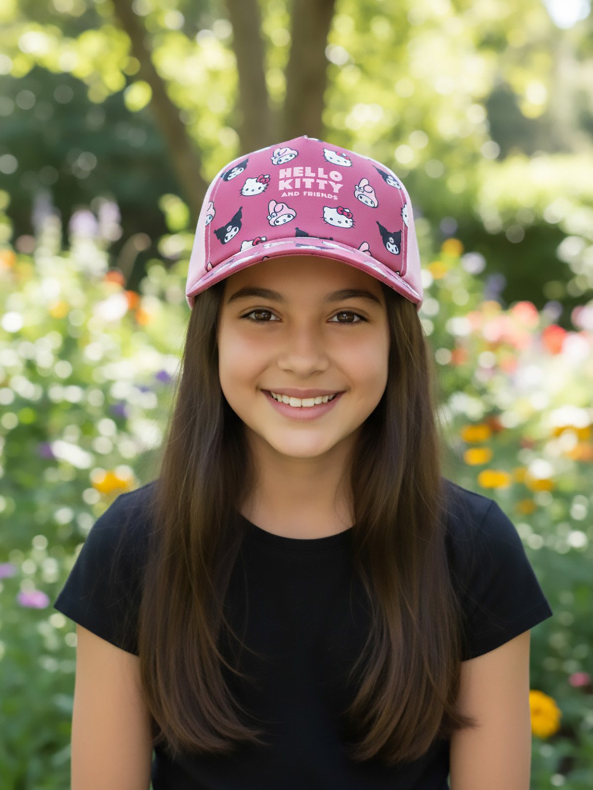 Ein Mädchen mit einem Hello Kitty Hut in einem Garten.
