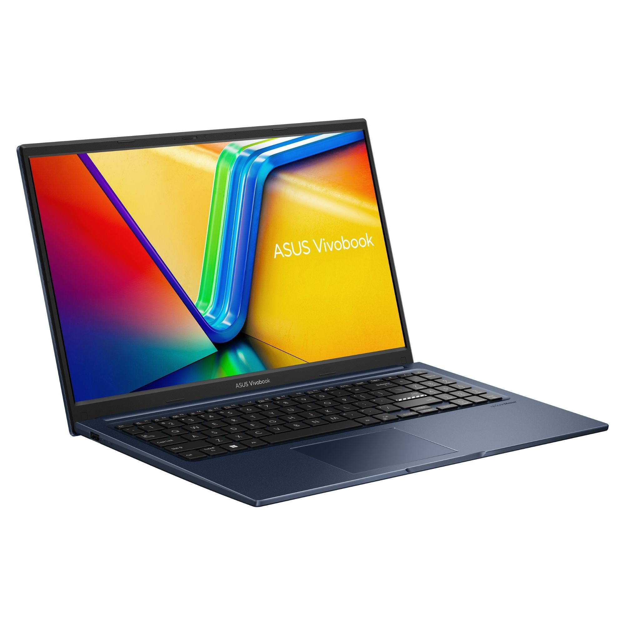 Mavi bir ASUS Vivobook dizüstü bilgisayar açık, renkli bir duvar kağıdı ve klavye gösteriyor.