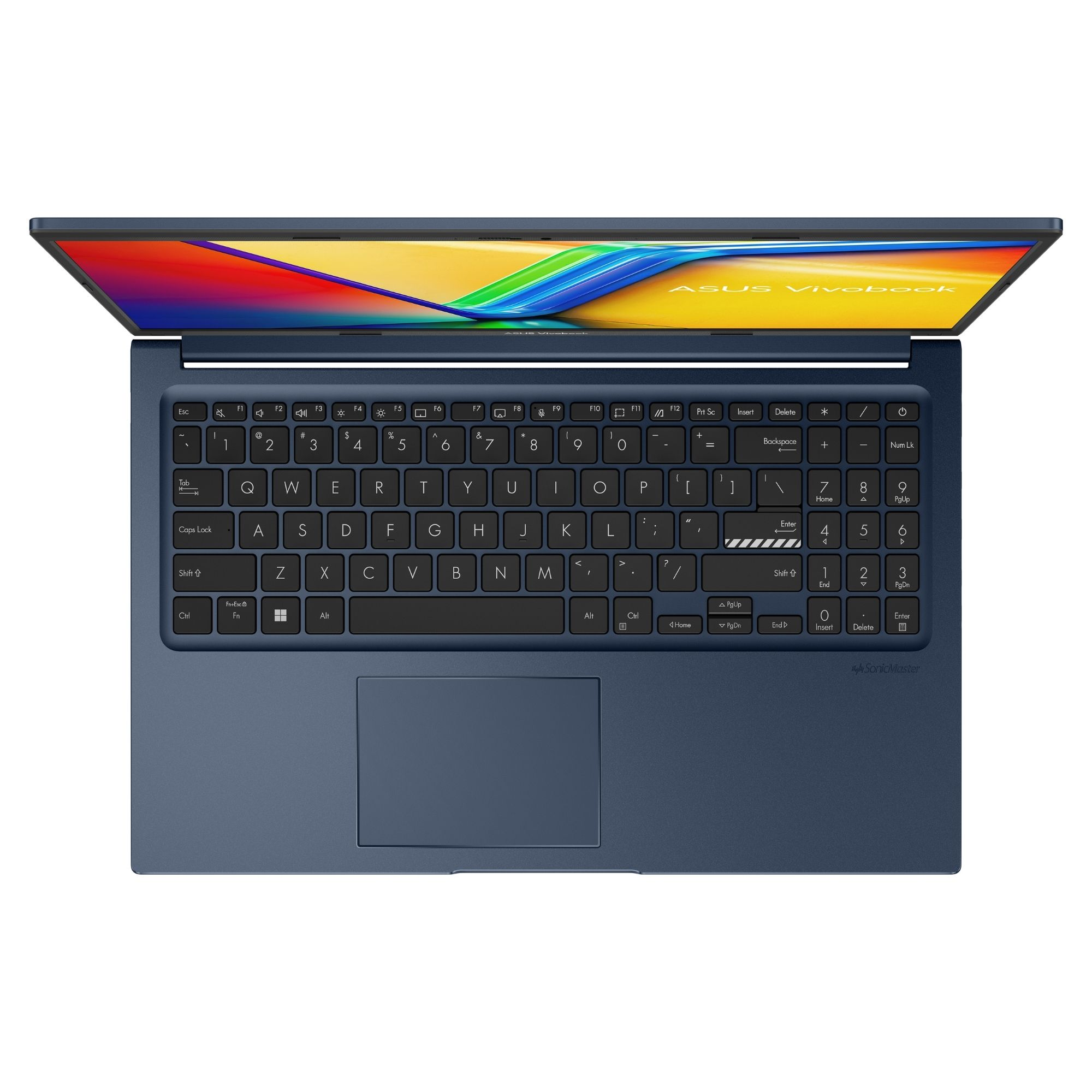 Renkli duvar kağıdı gösteren açık ekranlı koyu mavi ASUS Vivobook dizüstü bilgisayar.