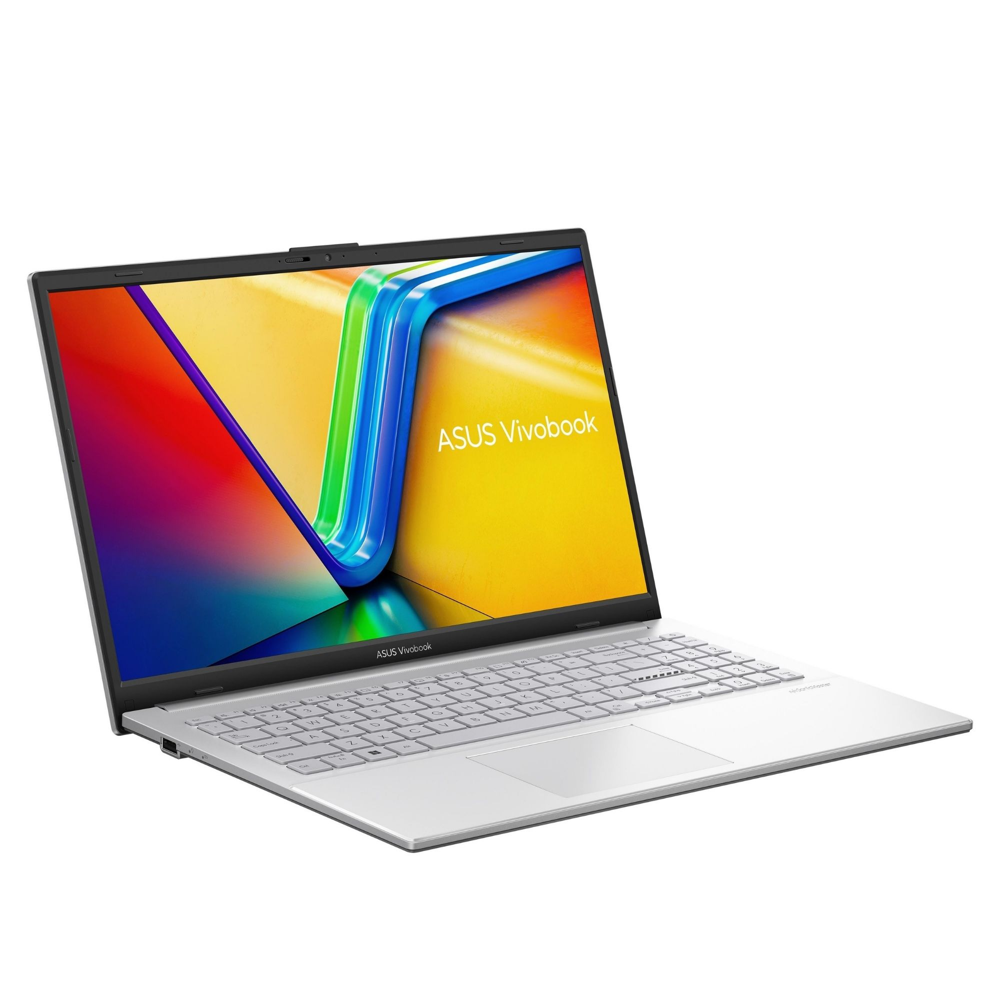 Gümüş renkli Asus Vivobook dizüstü bilgisayar açık bir şekilde beyaz zeminde duruyor.