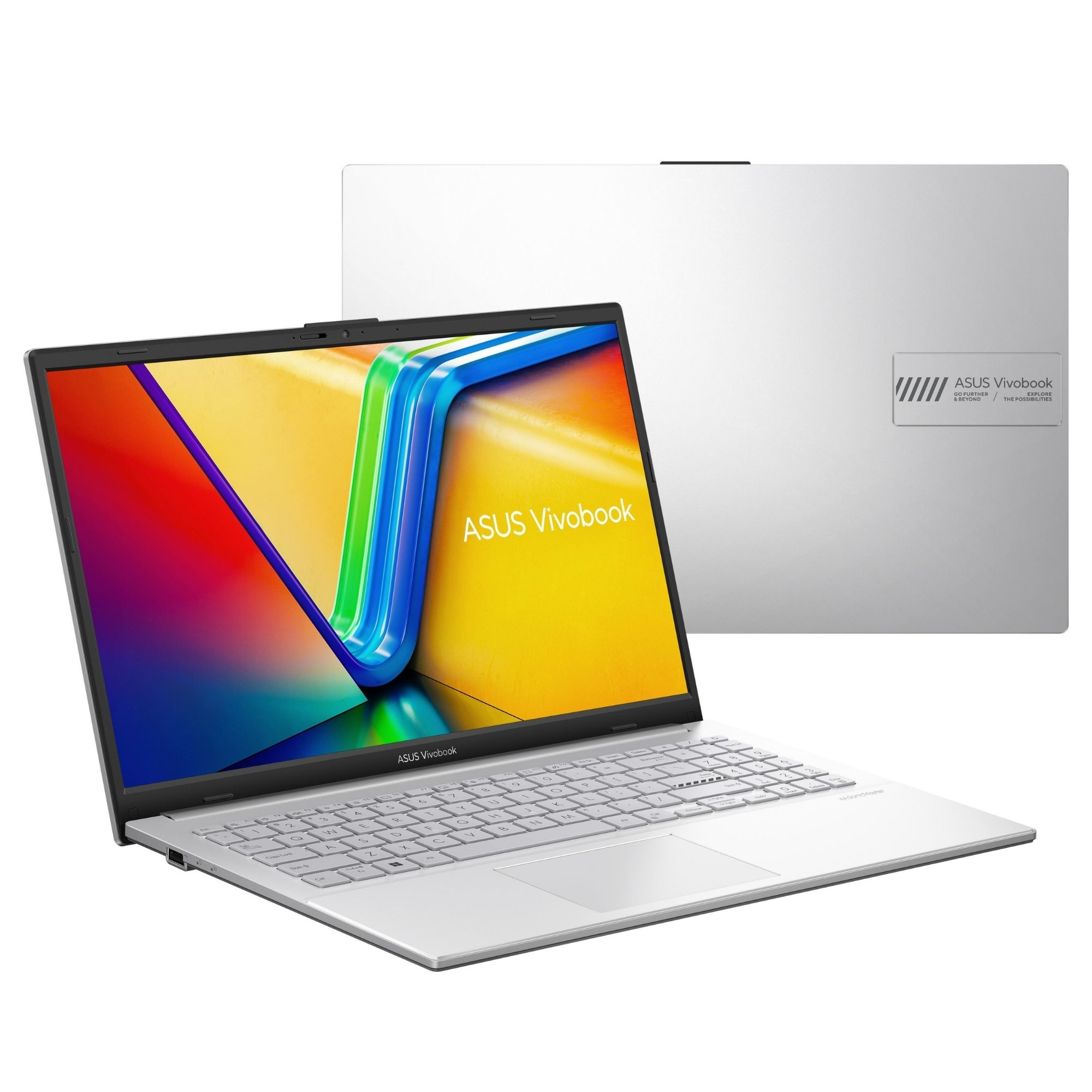 Renkli duvar kağıdı ve logolu gümüş Asus Vivobook dizüstü bilgisayar.