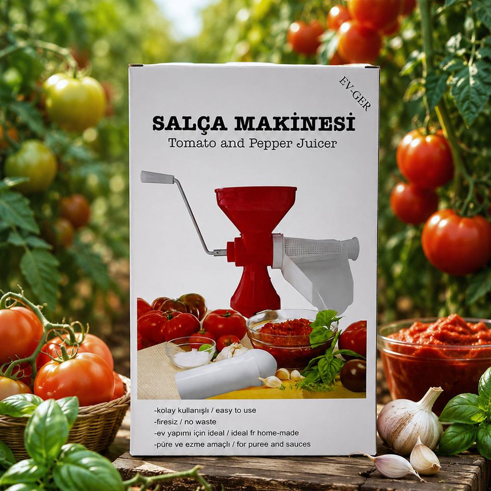 Kranklı domates ve biber salça makinesi, taze domatesler ve otlarla çevrili.