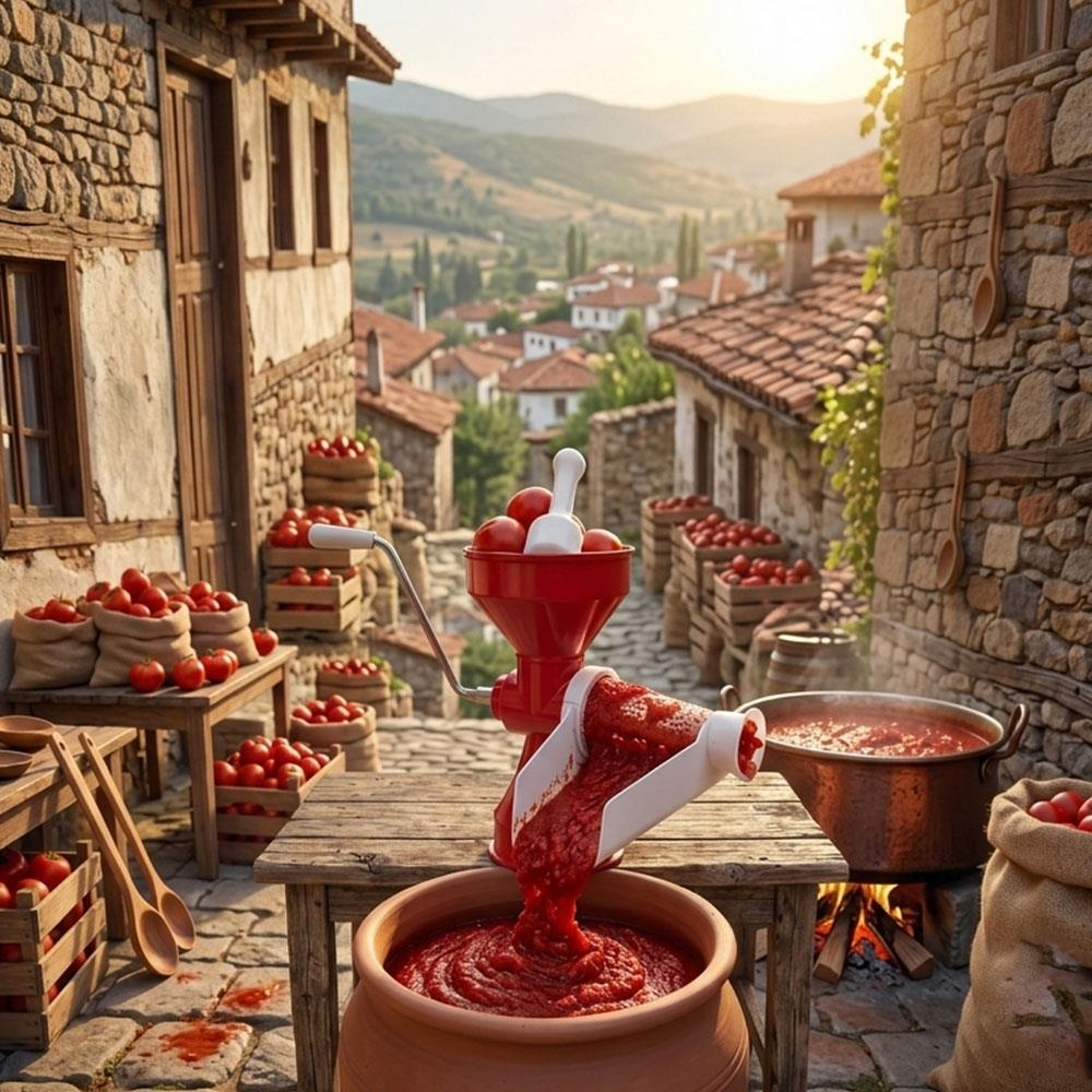 Taş binalı bir köyde domateslerden sos yapılıyor.