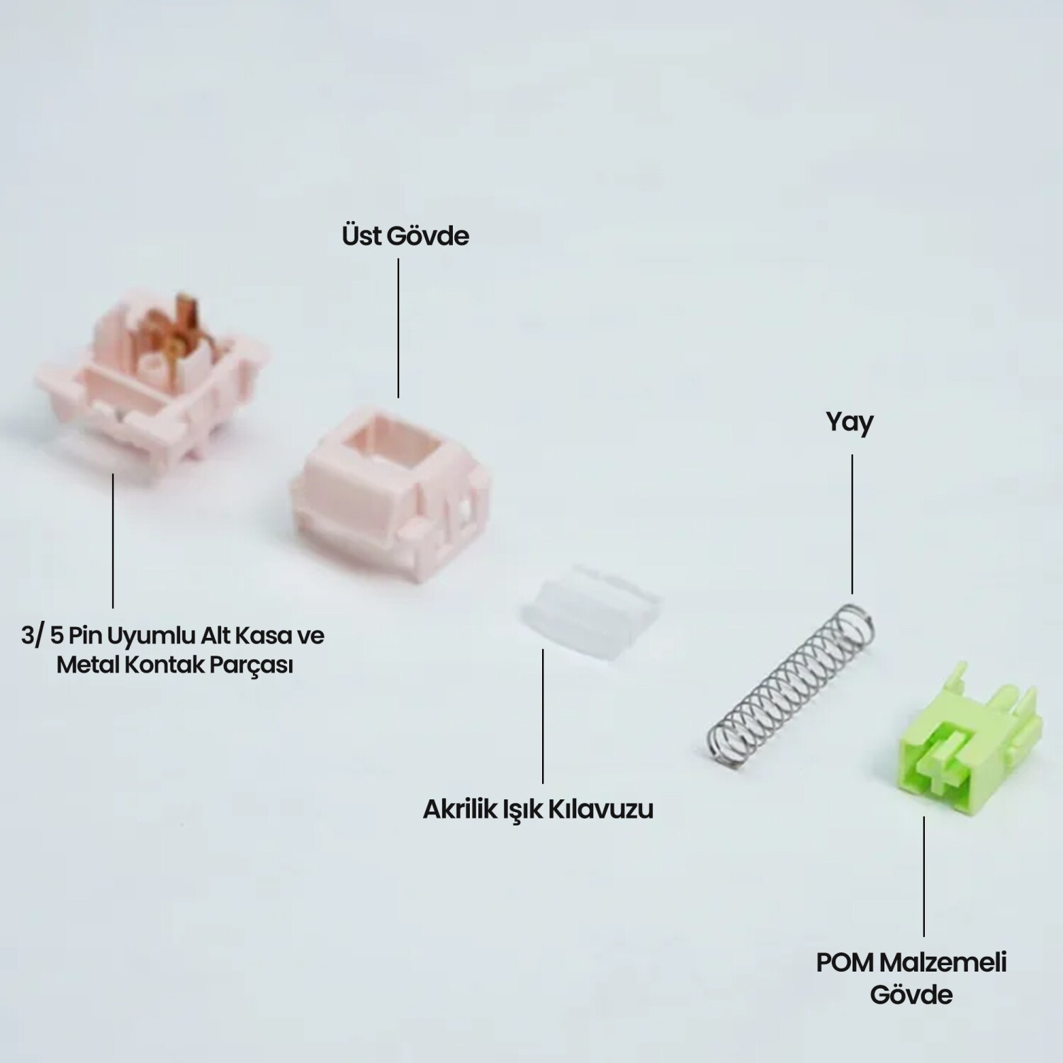 Pembe ve yeşil anahtar parçaları, yay ve şeffaf parça beyaz arka planda.