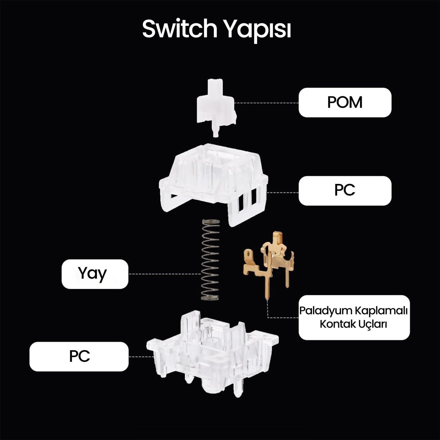 POM, PC, yay ve altın kontakları gösteren mekanik klavye anahtarının patlatılmış görünümü.