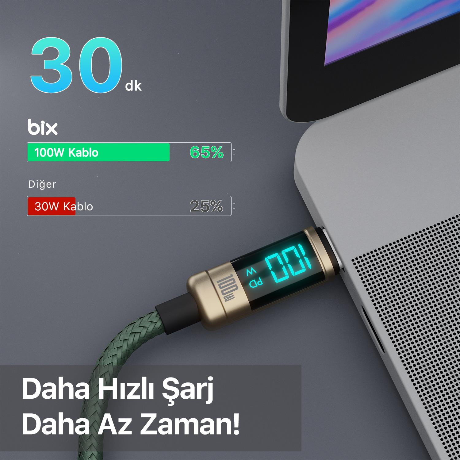 Dijital ekranlı şarj kablosu bir dizüstü bilgisayara takılı.