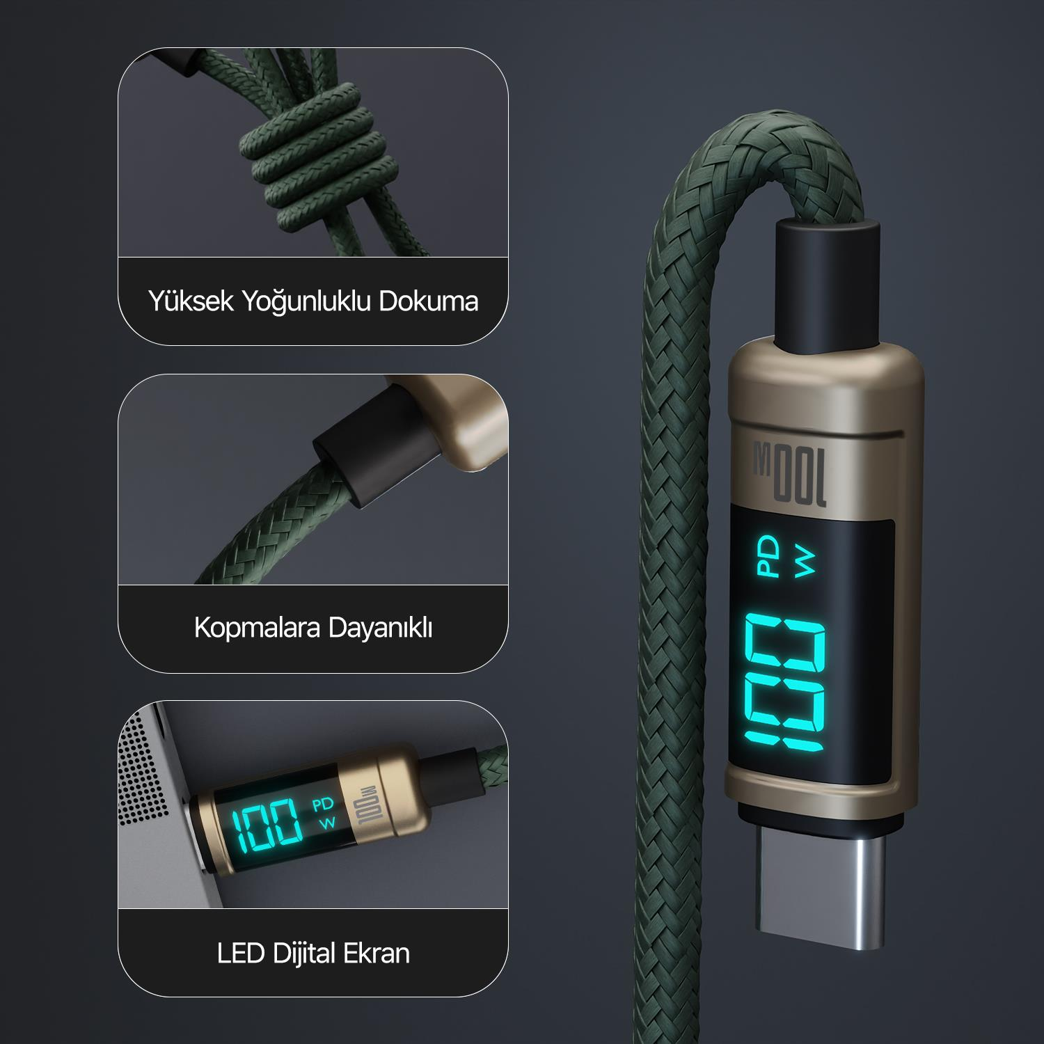 100W gösteren dijital ekrana sahip yeşil USB-C kablosu.