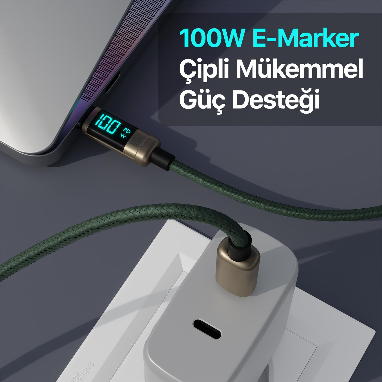 100W E-Marker göstergeli USB-C kablosu priz yanında dizüstü bilgisayar şarj ediyor.