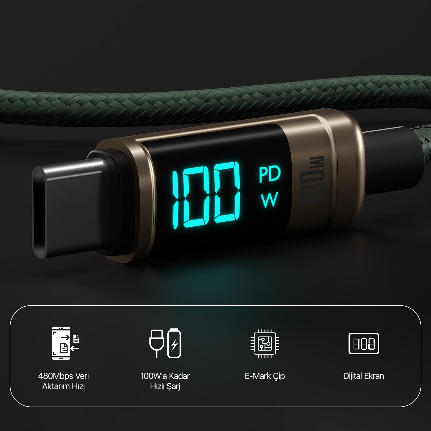 100W gösteren dijital ekranlı USB-C kablosu.