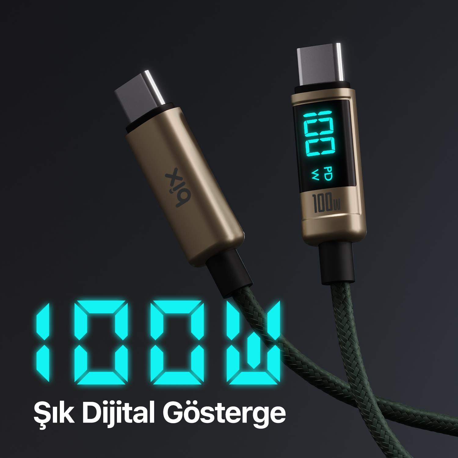 100W gösteren dijital ekranlı iki altın rengi USB-C kablosu.