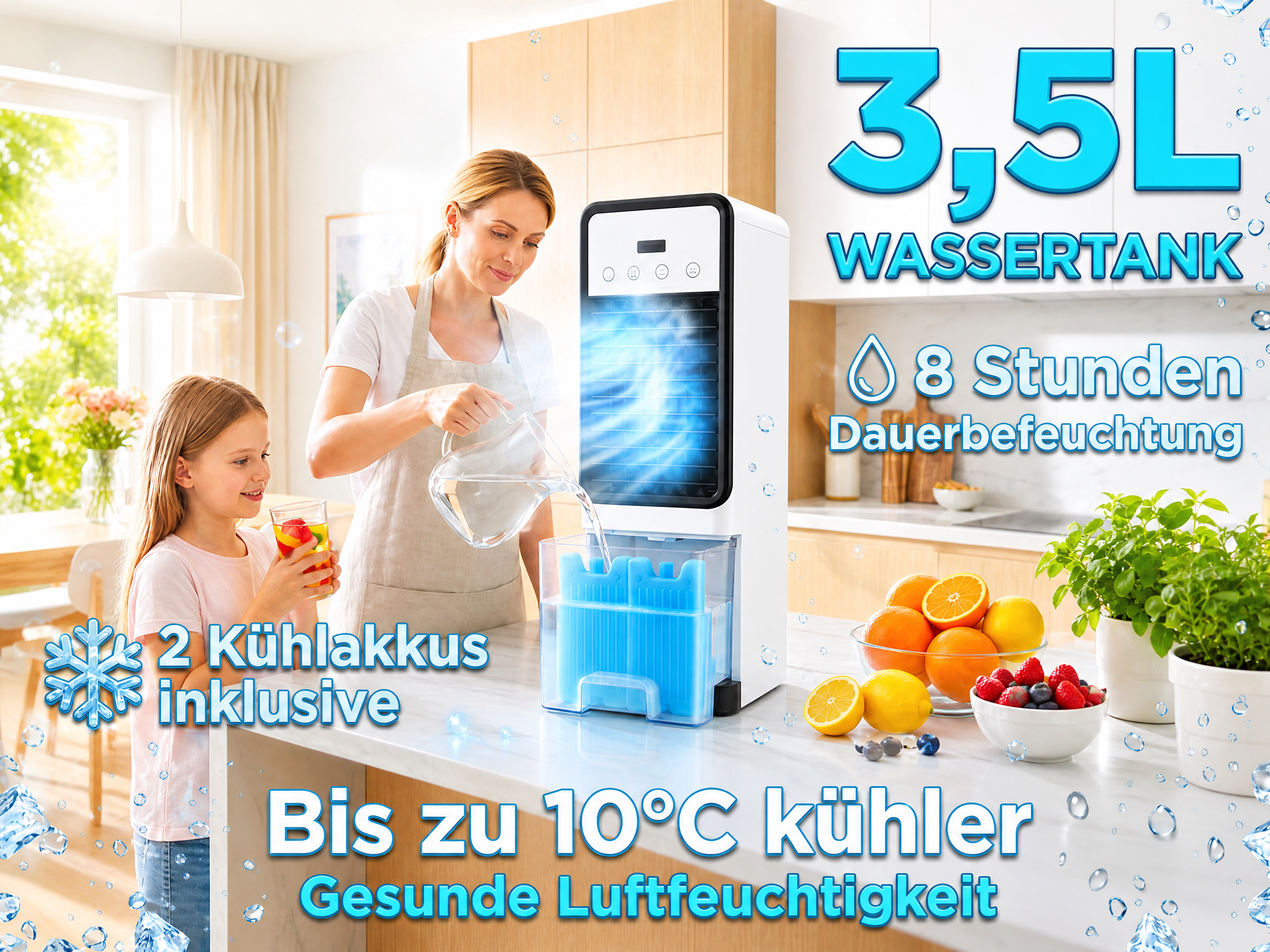 Frau füllt Wasser in einen Luftkühler; daneben ein Kind mit Getränk. Früchte und Pflanzen.