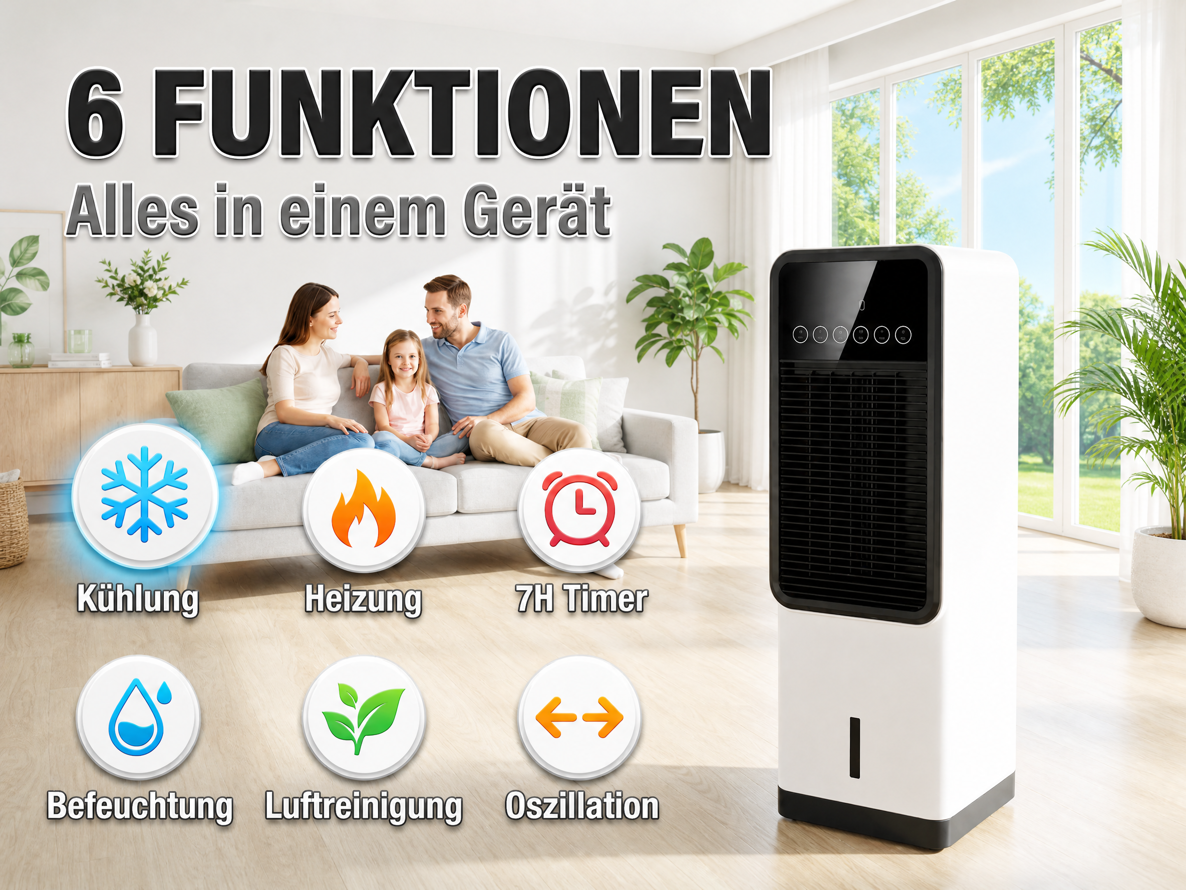Ein luftkühler mit 6 Funktionen: Kühlung, Heizung, Timer, Befeuchtung, Luftreinigung, Oszillation.