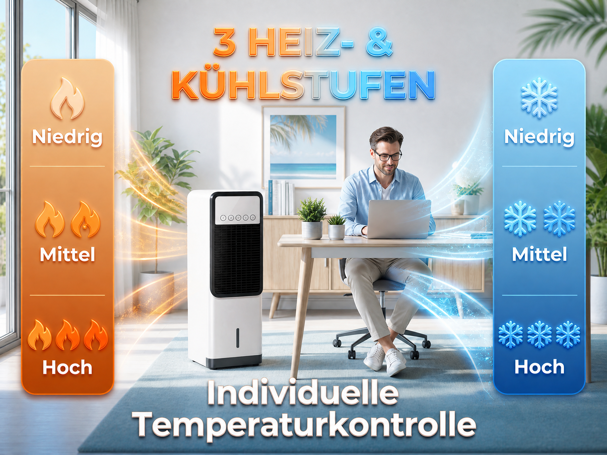 Mann am Laptop, Luftkühler, Heiz-/Kühlstufen, individuelle Temperaturkontrolle.